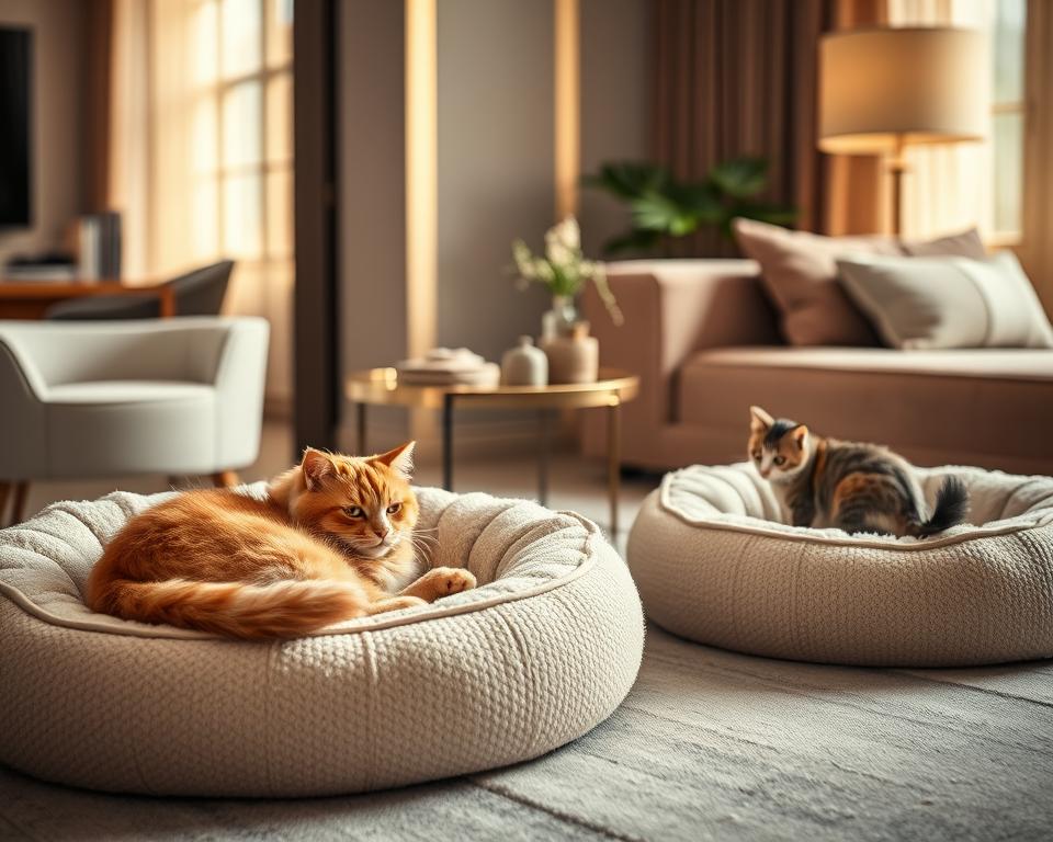 A luxurious interior setting featuring two elegant boucle cat beds, one in a soft cream color and another in a muted pastel. The beds should have plush, textured fabric with cozy, rounded edges, inviting relaxation. In the foreground, a fluffy ginger cat is comfortably curled up in one of the beds, while a playful tabby cat peeks out from the other. The middle ground showcases a stylish side table with cat toys and a small plant, enhancing the cozy atmosphere. The background includes warm, ambient lighting from a nearby window, casting soft shadows, with a blurred view of a modern living room decor. The scene should exude a sense of comfort and luxury, perfect for discerning pet owners.