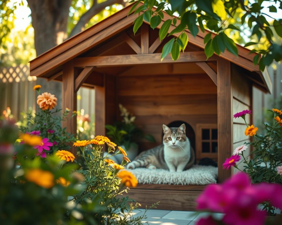 A luxurious outdoor cat shelter designed for comfort and style, nestled in a lush garden. The shelter features a wooden structure with a sloped roof, adorned with decorative trim. In the foreground, a cozy entrance with a soft, plush cushion is visible, inviting cats to enter. The middle ground showcases the cat house surrounded by vibrant flowers and greenery, creating a serene environment. In the background, soft sunlight filters through the leaves of nearby trees, casting gentle shadows. The atmosphere feels warm and inviting, evoking a sense of safety and security. Capture the scene with a slight angle to emphasize depth, using soft, natural lighting to enhance the welcoming feel of the cat shelter. A luxurious outdoor cat shelter designed for comfort and style, nestled in a lush garden. The shelter features a wooden structure with a sloped roof, adorned with decorative trim. In the foreground, a cozy entrance with a soft, plush cushion is visible, inviting cats to enter. The middle ground showcases the cat house surrounded by vibrant flowers and greenery, creating a serene environment. In the background, soft sunlight filters through the leaves of nearby trees, casting gentle shadows. The atmosphere feels warm and inviting, evoking a sense of safety and security. Capture the scene with a slight angle to emphasize depth, using soft, natural lighting to enhance the welcoming feel of the cat shelter.