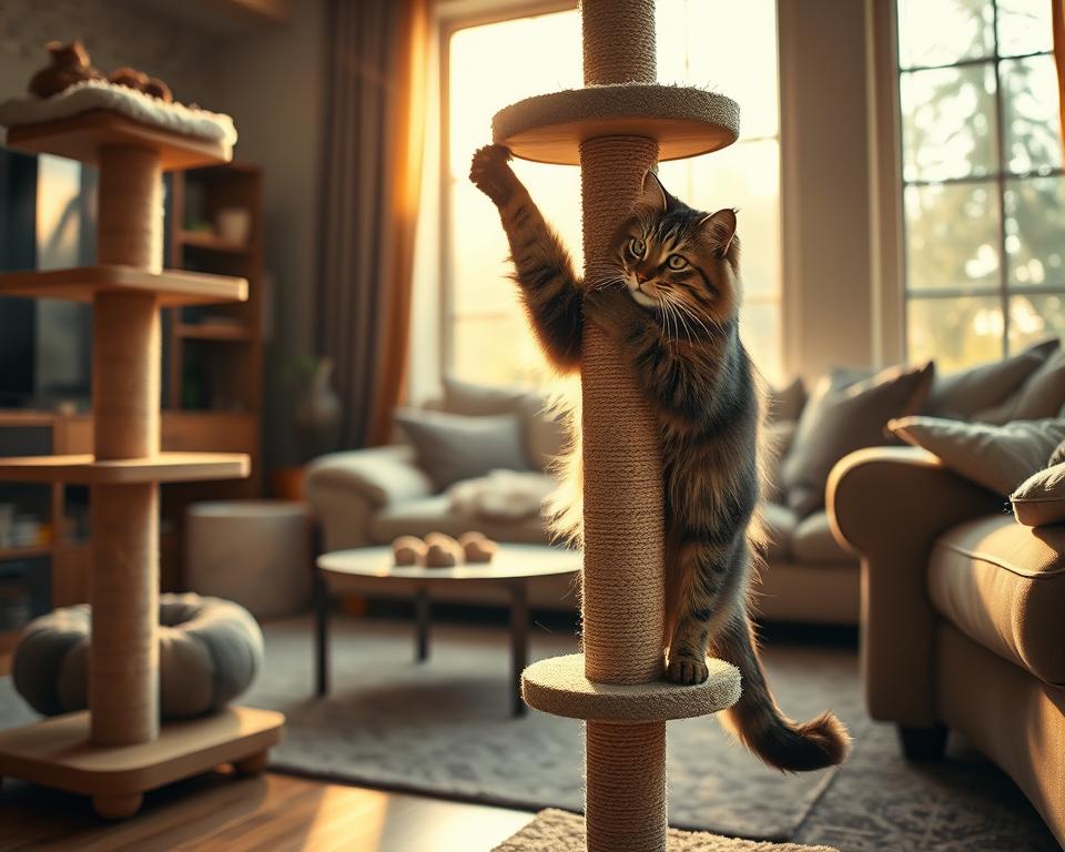 A luxurious scratching post designed for large cats, prominently displayed in a cozy living room setting. The foreground features the scratching post itself, made of sturdy natural wood, with multiple levels, sisal-wrapped columns, and plush top perches. A large Maine Coon cat is playfully clawing one of the posts, showcasing its size and strength. In the middle ground, a stylish cat bed and toys add warmth to the scene. The background reveals a sunlit window, casting soft, golden light across the entire room, enhancing the inviting atmosphere. The overall mood is playful and serene, highlighting the importance of an engaging environment for big cats. Use a wide-angle lens to capture the intricate details, with a slight depth of field to emphasize the scratching post. A luxurious scratching post designed for large cats, prominently displayed in a cozy living room setting. The foreground features the scratching post itself, made of sturdy natural wood, with multiple levels, sisal-wrapped columns, and plush top perches. A large Maine Coon cat is playfully clawing one of the posts, showcasing its size and strength. In the middle ground, a stylish cat bed and toys add warmth to the scene. The background reveals a sunlit window, casting soft, golden light across the entire room, enhancing the inviting atmosphere. The overall mood is playful and serene, highlighting the importance of an engaging environment for big cats. Use a wide-angle lens to capture the intricate details, with a slight depth of field to emphasize the scratching post.