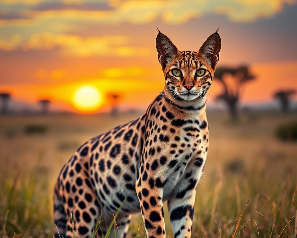 A majestic Savannah cat stands proudly in the foreground, showcasing its striking features such as large, tufted ears, a long neck, and a sleek, athletic body adorned with a distinctive spotted coat. The coat should exhibit a mix of golden, brown, and black hues, mimicking the wild aesthetics of its serval ancestry. In the middle ground, gentle greenery of the savannah creates a soft contrast, with tall grasses swaying lightly in a warm breeze. The background includes hints of distant acacia trees under a vibrant sunset sky, casting warm, golden light onto the scene. Capture this in a shallow depth of field to emphasize the cat’s sharp, inquisitive gaze and elegant posture. The atmosphere should feel serene and peaceful, highlighting the exotic allure of these unique feline companions. A majestic Savannah cat stands proudly in the foreground, showcasing its striking features such as large, tufted ears, a long neck, and a sleek, athletic body adorned with a distinctive spotted coat. The coat should exhibit a mix of golden, brown, and black hues, mimicking the wild aesthetics of its serval ancestry. In the middle ground, gentle greenery of the savannah creates a soft contrast, with tall grasses swaying lightly in a warm breeze. The background includes hints of distant acacia trees under a vibrant sunset sky, casting warm, golden light onto the scene. Capture this in a shallow depth of field to emphasize the cat’s sharp, inquisitive gaze and elegant posture. The atmosphere should feel serene and peaceful, highlighting the exotic allure of these unique feline companions.