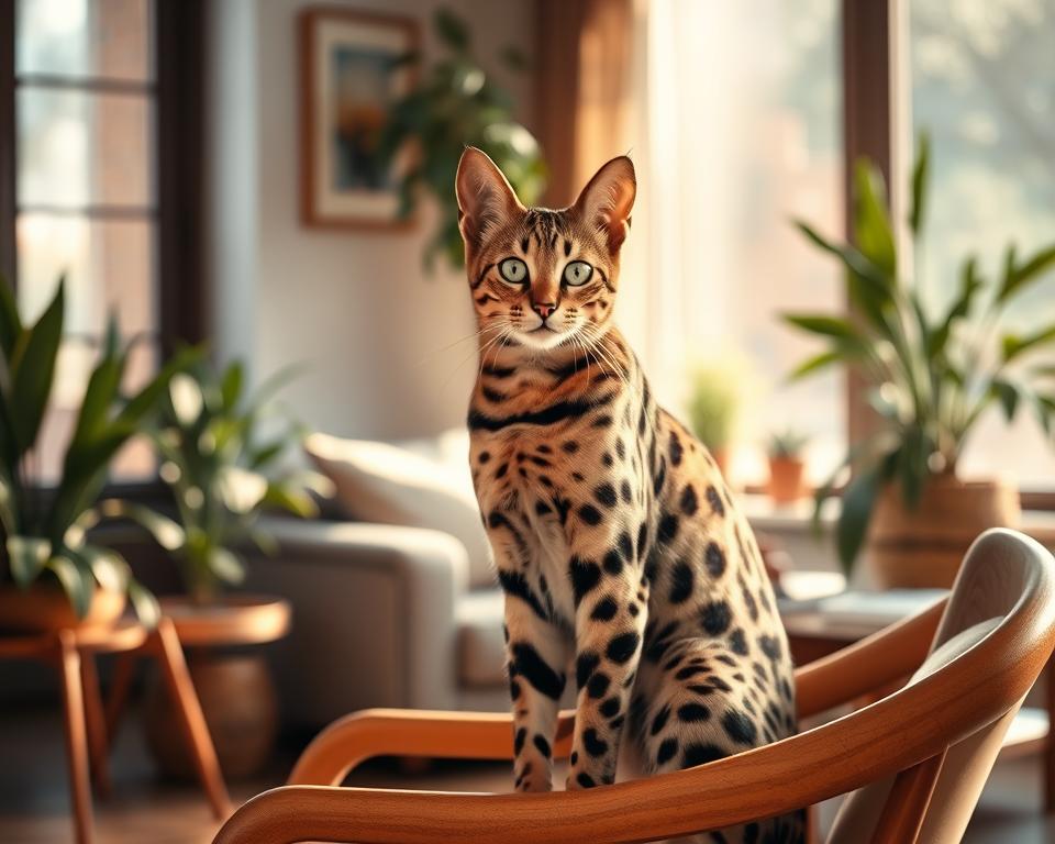 A majestic Savannah cat with striking spotted fur sits elegantly in a sunlit room, showcasing its unique characteristics. The cat's large ears and long legs highlight its exotic lineage, while its almond-shaped eyes glimmer with curiosity and intelligence. In the foreground, the cat is perched on a stylish wooden chair, its posture relaxed yet alert. The middle ground features a cozy living area adorned with lush plants and modern decor, creating a warm and inviting atmosphere. Soft, diffused light filters through a nearby window, casting gentle shadows that enhance the textures of the cat’s fur. The background is softly blurred, emphasizing the cat and adding depth to the scene. The mood is serene and charming, perfect for illustrating the allure of Savannah house cats. A majestic Savannah cat with striking spotted fur sits elegantly in a sunlit room, showcasing its unique characteristics. The cat's large ears and long legs highlight its exotic lineage, while its almond-shaped eyes glimmer with curiosity and intelligence. In the foreground, the cat is perched on a stylish wooden chair, its posture relaxed yet alert. The middle ground features a cozy living area adorned with lush plants and modern decor, creating a warm and inviting atmosphere. Soft, diffused light filters through a nearby window, casting gentle shadows that enhance the textures of the cat’s fur. The background is softly blurred, emphasizing the cat and adding depth to the scene. The mood is serene and charming, perfect for illustrating the allure of Savannah house cats.