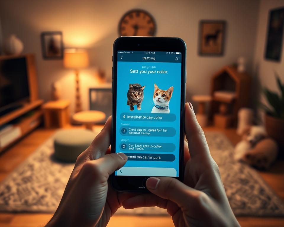 A mobile app interface for setting up a cat tracker collar, displayed on a smartphone held in a person’s hands. The foreground features the phone screen with a vibrant, user-friendly app design showing the installation steps clearly. In the middle ground, a cozy home environment with soft, warm lighting that suggests comfort and security, including a visible cat collar with a tracker nearby. The background depicts a living room with cat-themed décor, such as scratching posts and playful toys, enhancing the atmosphere of safety for pets. The image is captured from a slight angle, giving depth to the scene, with inviting shadows and highlights that create a warm, friendly mood. Ensure that no text or branding appears in the image.