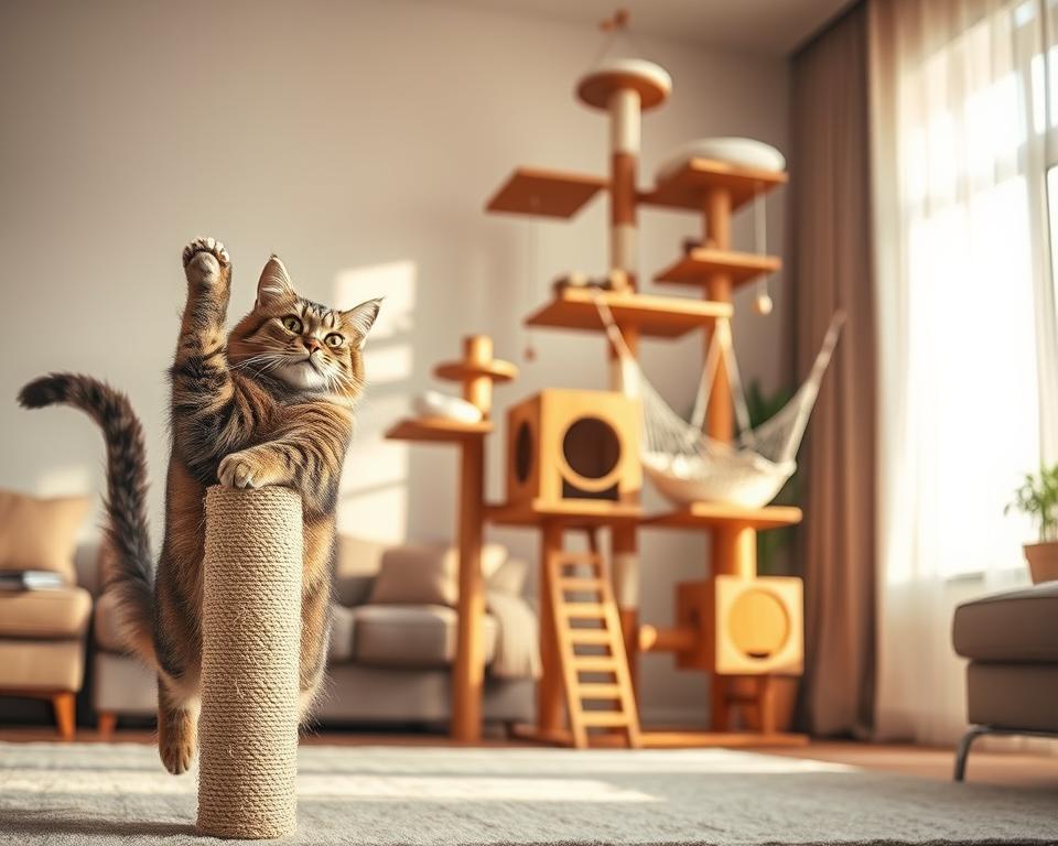 A multi-functional cat tree designed for active feline play and relaxation, featuring multiple levels with integrated scratching posts. In the foreground, a playful tabby cat is energetically scratching on a sisal-wrapped post. In the middle, the cat tree showcases various platforms, cozy hideaways, and a hammock suspended for lounging, all made from natural wood with soft, plush cushions. The background depicts a cozy living room setting with warm, diffused natural light streaming through a window, casting gentle shadows that create a serene atmosphere. The composition captures both the beauty of the cat tree and the joy of the cat in a harmonious, inviting space, emphasizing the functionality and comfort of the design.
