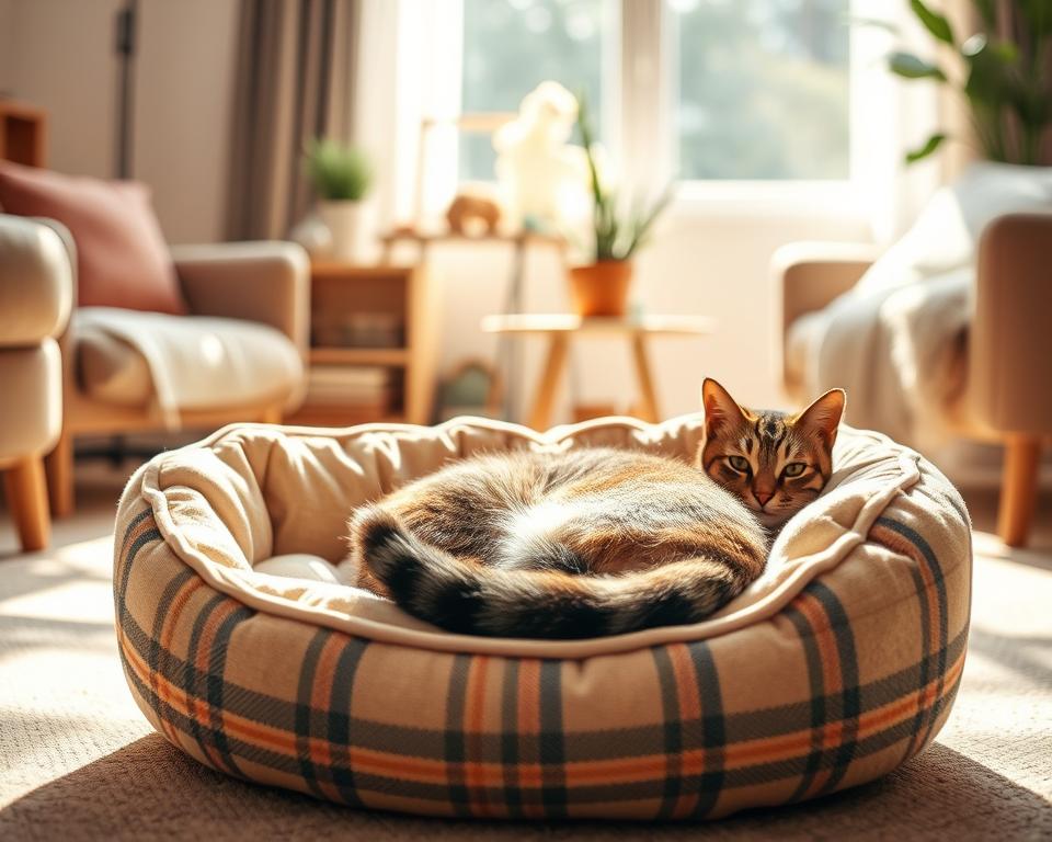 A perfectly sized cat bed for a domestic cat, showcasing its cozy features. The foreground presents a plush, round bed with soft, inviting fabrics in warm beige tones, accented with a gentle plaid pattern. The bed is nestled in a sunlit living room corner, with a curious tabby cat comfortably curled up, demonstrating the ideal fit. In the middle ground, a small shelf is adorned with cat toys and a potted plant, adding a touch of warmth and playfulness. The background features softly blurred furniture with gentle homey colors, enhancing the relaxing atmosphere. The lighting is bright and natural, streaming through a nearby window, casting soft shadows. The overall mood is serene and inviting, perfect for cat owners considering the ideal bed size for their furry companions. A perfectly sized cat bed for a domestic cat, showcasing its cozy features. The foreground presents a plush, round bed with soft, inviting fabrics in warm beige tones, accented with a gentle plaid pattern. The bed is nestled in a sunlit living room corner, with a curious tabby cat comfortably curled up, demonstrating the ideal fit. In the middle ground, a small shelf is adorned with cat toys and a potted plant, adding a touch of warmth and playfulness. The background features softly blurred furniture with gentle homey colors, enhancing the relaxing atmosphere. The lighting is bright and natural, streaming through a nearby window, casting soft shadows. The overall mood is serene and inviting, perfect for cat owners considering the ideal bed size for their furry companions.