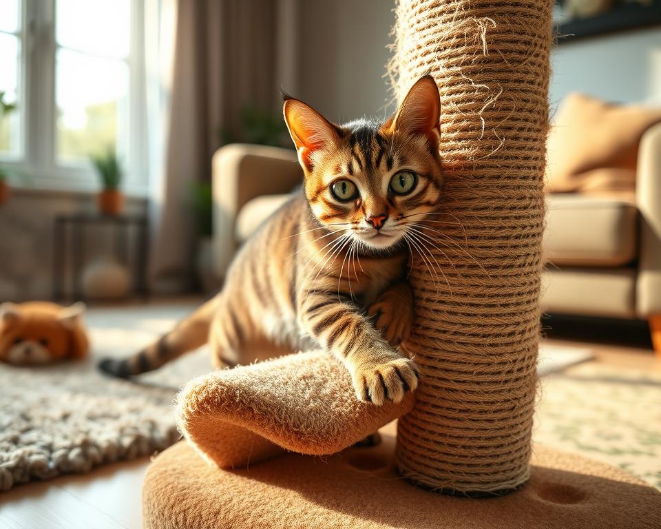A playful and curious tabby cat with bright green eyes is engaged in vigorous scratching behavior on an interactive scratching post covered with textured jute and sisal. In the foreground, the cat’s claws are visibly dug into the post, showcasing the action and enthusiasm. The middle ground features a cozy living room setting, with a plush rug and small plants adding warmth. Sunlight pours in through a nearby window, creating soft, natural light that highlights the cat's fur and the details of the scratching post. In the background, a blurred couch adds depth, suggesting a comforting home environment. The mood is lively and engaging, reflecting the importance of providing suitable scratching options for cats.