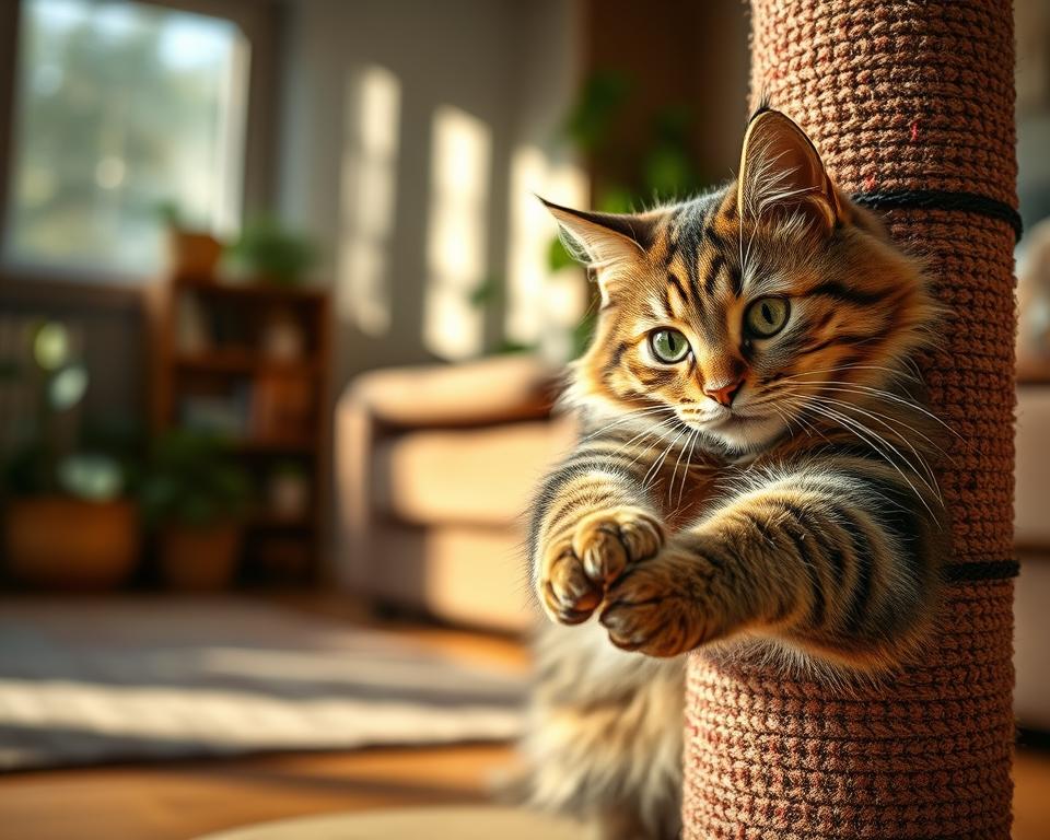 A playful domestic cat engaging in scratching behavior on a vibrant, textured scratching post in the foreground, showcasing its claws fully extended. The cat is a fluffy tabby with bright green eyes, its body positioned in a dynamic pose, highlighting the natural movement and grace of feline stretching. In the middle ground, a cozy living room setting is visible with soft light streaming in from a nearby window, enhancing the warm atmosphere. The background features subtle hints of indoor greenery, like potted plants, creating a serene home environment. Emphasize soft, natural lighting to highlight the cat's fur, and use a slightly blurred bokeh effect to keep the focus on the scratching action.