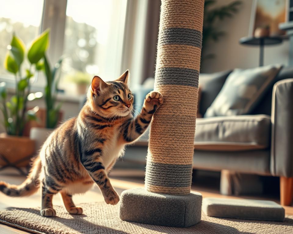 A playful tabby cat engages in its natural scratching behavior on a beautifully designed vertical scratching post. The foreground features the cat with its claws extended, showcasing the texture of its fur and the intricate weave of the scratching surface. In the middle ground, the scratching post stands tall, adorned with sisal and carpet textures to attract feline attention. The soft, warm lighting filters through a nearby window, casting gentle shadows that create a cozy atmosphere. In the background, a well-furnished living room setting displays a stylish couch and potted plants, subtly emphasizing the need for a scratching post to protect furniture. Capture this moment from a slightly elevated angle, focusing on the cat’s playful expression and dynamic posture. The overall mood is energetic yet homely, inviting readers to understand the importance of proper scratching solutions for their cats. A playful tabby cat engages in its natural scratching behavior on a beautifully designed vertical scratching post. The foreground features the cat with its claws extended, showcasing the texture of its fur and the intricate weave of the scratching surface. In the middle ground, the scratching post stands tall, adorned with sisal and carpet textures to attract feline attention. The soft, warm lighting filters through a nearby window, casting gentle shadows that create a cozy atmosphere. In the background, a well-furnished living room setting displays a stylish couch and potted plants, subtly emphasizing the need for a scratching post to protect furniture. Capture this moment from a slightly elevated angle, focusing on the cat’s playful expression and dynamic posture. The overall mood is energetic yet homely, inviting readers to understand the importance of proper scratching solutions for their cats.