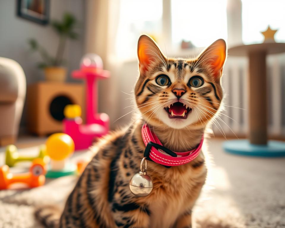 A playful tabby cat wearing a brightly colored safety collar with an integrated breakaway feature prominently displayed in the foreground. The collar has a reflective strip and a small bell, glinting in the soft, natural light. In the middle ground, a cozy living room setting features vibrant cat toys and a scratching post, emphasizing a safe environment. The background shows a sunny window with gentle sunlight streaming in, creating a warm and inviting atmosphere. The scene is captured with a shallow depth of field, focusing on the collar while slightly blurring the surrounding elements. This image should evoke a sense of safety and comfort, highlighting the importance of quality collars for cats.