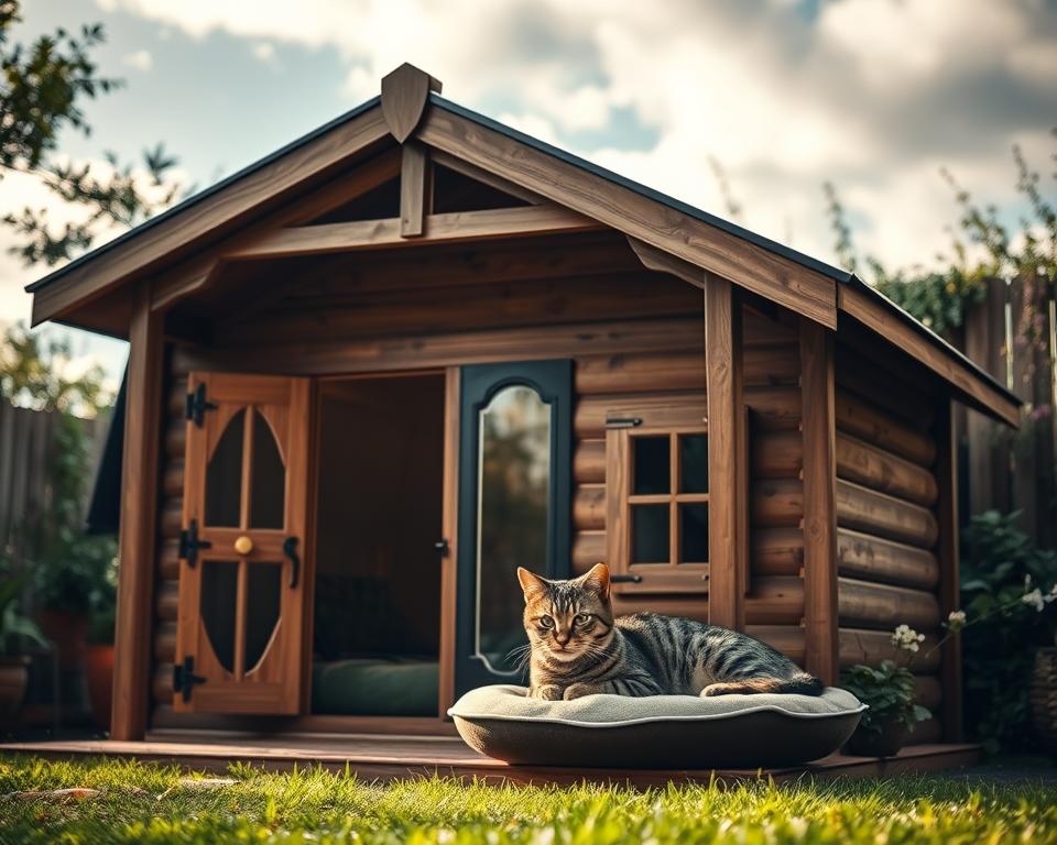 A premium outdoor cat house designed for UK weather, featuring a robust and insulated wooden structure. The foreground showcases the elegant cat house with a sloped roof and wide entrance, adorned with waterproof materials and charming, decorative elements like a small balcony. In the middle, a playful tabby cat lounges comfortably on a cushioned spot outside, basking in soft, diffused sunlight. The background displays a lush garden setting with greenery and occasional flowers, under a partly cloudy sky typical of UK weather. The atmosphere conveys a cozy and inviting mood, emphasizing warmth and protection against the elements. Use a subtle depth of field to highlight the cat house while softly blurring the background. The overall lighting is warm and inviting, creating a serene outdoor sanctuary for cats. A premium outdoor cat house designed for UK weather, featuring a robust and insulated wooden structure. The foreground showcases the elegant cat house with a sloped roof and wide entrance, adorned with waterproof materials and charming, decorative elements like a small balcony. In the middle, a playful tabby cat lounges comfortably on a cushioned spot outside, basking in soft, diffused sunlight. The background displays a lush garden setting with greenery and occasional flowers, under a partly cloudy sky typical of UK weather. The atmosphere conveys a cozy and inviting mood, emphasizing warmth and protection against the elements. Use a subtle depth of field to highlight the cat house while softly blurring the background. The overall lighting is warm and inviting, creating a serene outdoor sanctuary for cats.