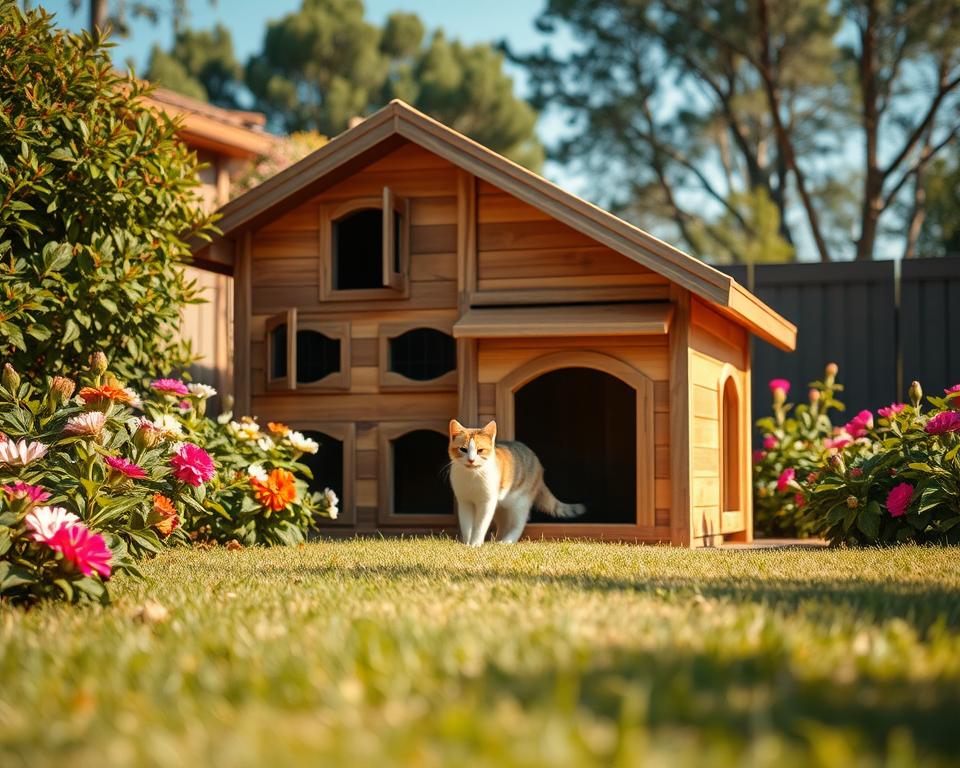 A premium outdoor cat house nestled in a lush garden setting, designed for comfort and style. The cat house features a charming, rustic wooden exterior with a sloped roof and multiple entrances. Surrounding the house, vibrant flowers and leafy shrubs create a serene atmosphere. In the foreground, a playful cat peeks out from the entrance, curious and relaxed. The middle ground showcases the cat house on a soft patch of grass, bathed in warm, natural sunlight that highlights the wood grain. In the background, a gentle blur of trees and a blue sky suggests a peaceful outdoor environment. The mood is inviting and cozy, reflecting a perfect haven for outdoor cats.