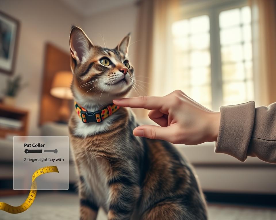 A professional, detailed guide on properly fitting a cat collar, featuring a well-groomed domestic cat in the foreground, wearing a vibrant collar. The cat is sitting calmly while an illustrated measuring tape and collar adjustment guide are positioned nearby. In the middle ground, a soft-focus human hand demonstrates the correct fit by holding two fingers' width between the collar and the cat's neck, wearing modest casual clothing. The background showcases a cozy, well-lit living room environment, with warm, natural lighting streaming through a window, creating a welcoming atmosphere. Emphasize clarity and instructional quality, capturing the essence of proper collar fitting techniques without any text or distractions.