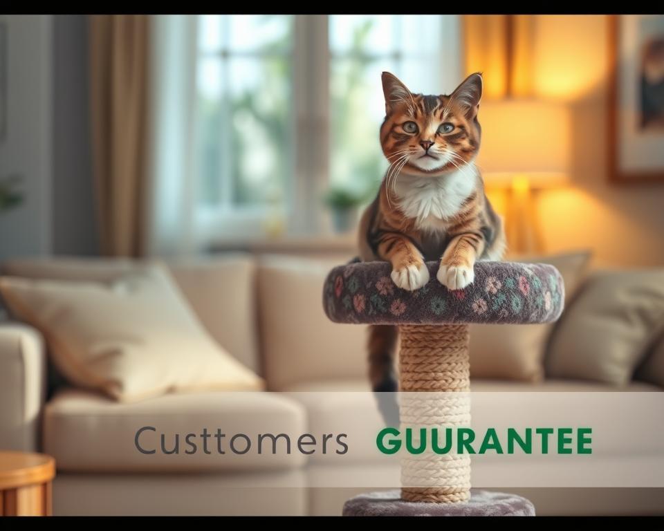 A serene and inviting scene depicting a happy cat perched on an elegant scratch post, symbolizing customer satisfaction. In the foreground, the cat looks playful and content, with its paws gently resting on the scratch post, which is adorned with vibrant colors and textures. The middle layer features a cozy living room setting, complete with soft cushions and warm lighting that creates a welcoming atmosphere. In the background, a subtle hint of a window lets in soft, natural light, enhancing the feeling of comfort and assurance. A gentle glow envelops the scene, evoking feelings of trust and satisfaction. The overall mood is joyful and serene, perfectly capturing the concept of a customer satisfaction guarantee in a pet-friendly context. A serene and inviting scene depicting a happy cat perched on an elegant scratch post, symbolizing customer satisfaction. In the foreground, the cat looks playful and content, with its paws gently resting on the scratch post, which is adorned with vibrant colors and textures. The middle layer features a cozy living room setting, complete with soft cushions and warm lighting that creates a welcoming atmosphere. In the background, a subtle hint of a window lets in soft, natural light, enhancing the feeling of comfort and assurance. A gentle glow envelops the scene, evoking feelings of trust and satisfaction. The overall mood is joyful and serene, perfectly capturing the concept of a customer satisfaction guarantee in a pet-friendly context.