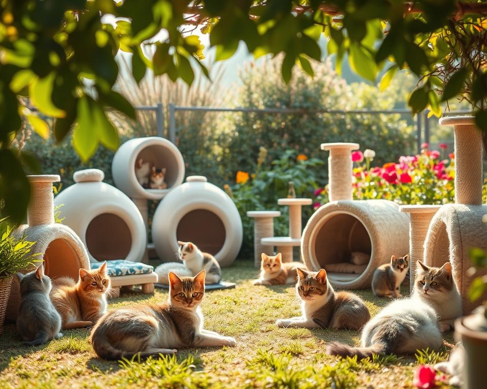 A serene feline sanctuary nestled in a lush garden setting, featuring a variety of cozy cat houses designed with warmth and comfort in mind. In the foreground, several playful cats lounge and explore, embodying the joy of their environment. Soft sunlight filters through the leaves, casting gentle shadows and enhancing the tranquil atmosphere. In the middle ground, diverse cat house designs—some with soft, plush interiors, and others with interactive elements like scratching posts—create an inviting space. The background reveals a vibrant, flower-filled garden, adding a splash of color and life. The scene is captured with a warm, soft focus lens, aiming to evoke feelings of peace and happiness, highlighting the benefits of a dedicated space for feline friends.