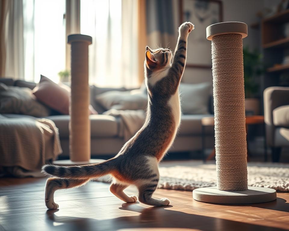 A serene indoor environment featuring a tall cat scratching post, allowing a feline friend to stretch gracefully. In the foreground, showcase a sleek, elegant cat arching its back in a full stretch, with its paws reaching towards the top of the scratching post, highlighting the benefits of stretching and scratching. The middle background includes various textures, such as soft rugs and cozy furniture, emphasizing the need to protect household items. The lighting should be warm and inviting, casting soft shadows that enhance the cat's form, with a shallow depth of field to focus on the stretching cat. The overall mood is peaceful and harmonious, capturing the essence of feline well-being in a stylish home setting. A serene indoor environment featuring a tall cat scratching post, allowing a feline friend to stretch gracefully. In the foreground, showcase a sleek, elegant cat arching its back in a full stretch, with its paws reaching towards the top of the scratching post, highlighting the benefits of stretching and scratching. The middle background includes various textures, such as soft rugs and cozy furniture, emphasizing the need to protect household items. The lighting should be warm and inviting, casting soft shadows that enhance the cat's form, with a shallow depth of field to focus on the stretching cat. The overall mood is peaceful and harmonious, capturing the essence of feline well-being in a stylish home setting.