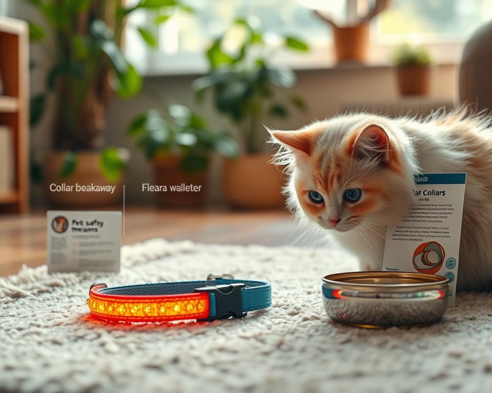 A serene indoor scene featuring a cautious yet curious cat inspecting a bright, colorful collar placed on a cozy rug. In the foreground, the fluffy cat, with soft fur and expressive eyes, approaches a shiny flea collar, its colors vibrant against the neutral tones of the rug. In the middle ground, a variety of pet safety items, like a collar breakaway mechanism, an informational pamphlet about flea collars, and a small bowl of fresh water, suggest a thoughtful environment. The background shows a warm-lit room with greenery, creating a safe and inviting atmosphere. Soft, natural light streams through a window, giving the image a calm, reflective mood, emphasizing the importance of safety for our feline friends.