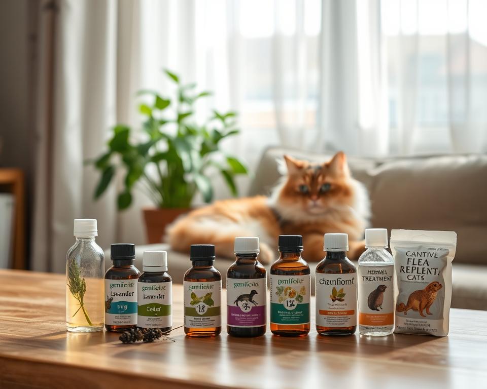 A serene indoor setting showcasing effective flea prevention alternatives for cats. In the foreground, a variety of natural flea repellents, like essential oils (lavender and cedar), and herbal treatments are elegantly arranged on a wooden table. In the middle ground, a fluffy, relaxed cat lounges comfortably, appearing content and healthy. The background features soft, diffused daylight filtering through a window adorned with light curtains, creating a warm and inviting atmosphere. A potted plant adds a touch of greenery, symbolizing natural living. The scene is captured with a shallow depth of field using a 50mm lens, emphasizing the cat and the flea prevention products while softly blurring the background. The overall mood is peaceful and reassuring, highlighting the safety and efficacy of alternative flea prevention.