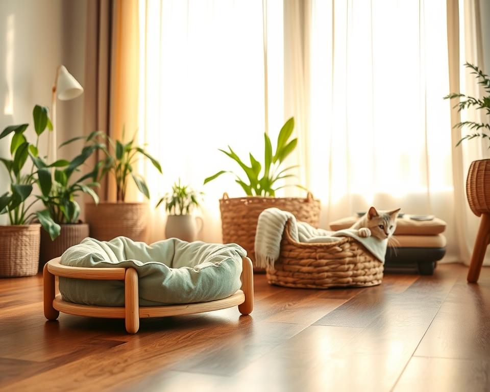 A serene living room setting featuring various eco-friendly cat bed options. In the foreground, a plush cat bed made from organic cotton with a natural wood frame, adorned with soft green and beige colors, inviting a cozy atmosphere. In the middle, a woven basket-style bed constructed from recycled materials, lined with a soft hemp blanket, offers a rustic charm. Behind these, a softly-lit window with flowing sheer curtains lets in warm sunlight, creating a peaceful ambiance. The room has plants, highlighting a connection to nature, with gentle shadows cast across the polished wooden floor. The overall mood is tranquil and inviting, emphasizing comfort and sustainability for beloved feline companions.