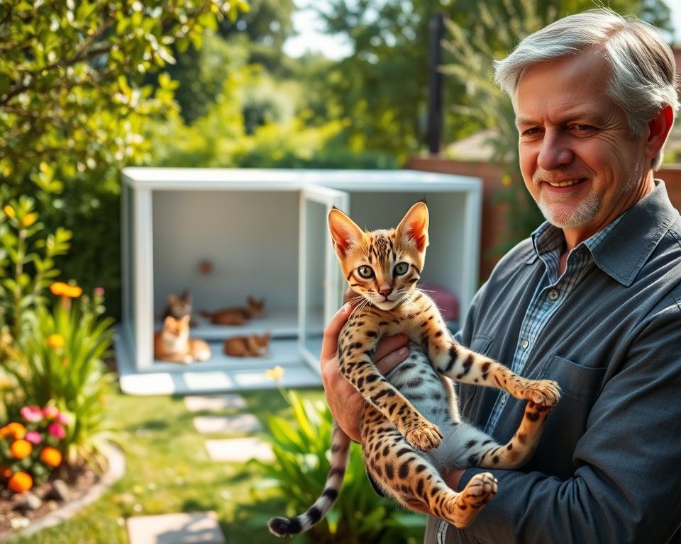A serene outdoor scene featuring a reputable breeder with a friendly Savannah cat in a lush garden. In the foreground, a knowledgeable breeder, a middle-aged person in smart casual attire, gently holds a playful Savannah kitten, showcasing its distinctive spotted coat and tall ears. In the middle ground, a clean, modern kennel can be seen with various Savannah cats lounging comfortably. The background features vibrant greenery and colorful flowers, creating a warm and inviting atmosphere. The lighting is soft and natural, suggesting a bright morning, with gentle shadows enhancing the scene. The overall mood is welcoming and professional, conveying trust and expertise in the art of breeding exotic cats. A serene outdoor scene featuring a reputable breeder with a friendly Savannah cat in a lush garden. In the foreground, a knowledgeable breeder, a middle-aged person in smart casual attire, gently holds a playful Savannah kitten, showcasing its distinctive spotted coat and tall ears. In the middle ground, a clean, modern kennel can be seen with various Savannah cats lounging comfortably. The background features vibrant greenery and colorful flowers, creating a warm and inviting atmosphere. The lighting is soft and natural, suggesting a bright morning, with gentle shadows enhancing the scene. The overall mood is welcoming and professional, conveying trust and expertise in the art of breeding exotic cats.