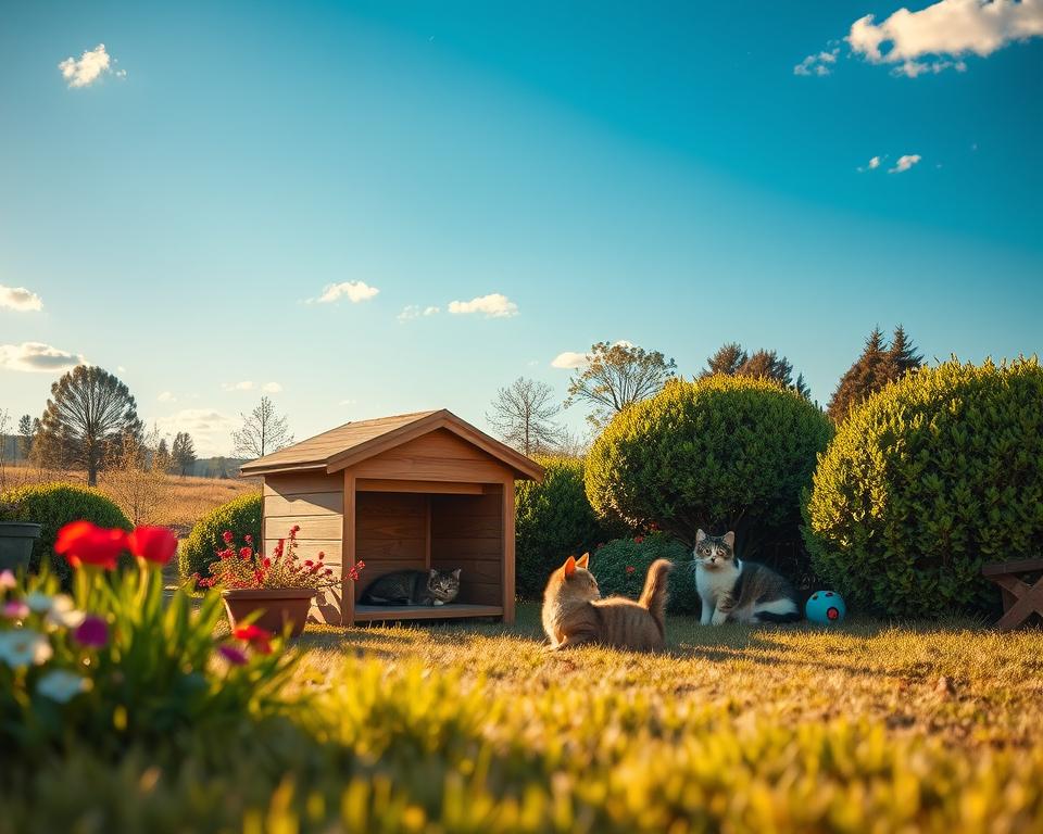 A serene outdoor scene showcasing a thoughtfully placed outdoor cat house in a cozy garden setting. In the foreground, a charming wooden cat shelter with a sloped roof and small entrance, nestled among colorful flowers and soft grass. In the middle ground, a couple of playful cats lounging comfortably next to the shelter, basking in the warm afternoon sunlight, surrounded by green shrubs and a few playful toys scattered around. The background features a clear blue sky with a few fluffy clouds and distant trees swaying gently in a light breeze. The scene is lit warmly, creating a welcoming and safe atmosphere, captured from a slightly elevated angle to encompass the entire environment, evoking a sense of tranquility and comfort for outdoor cats.