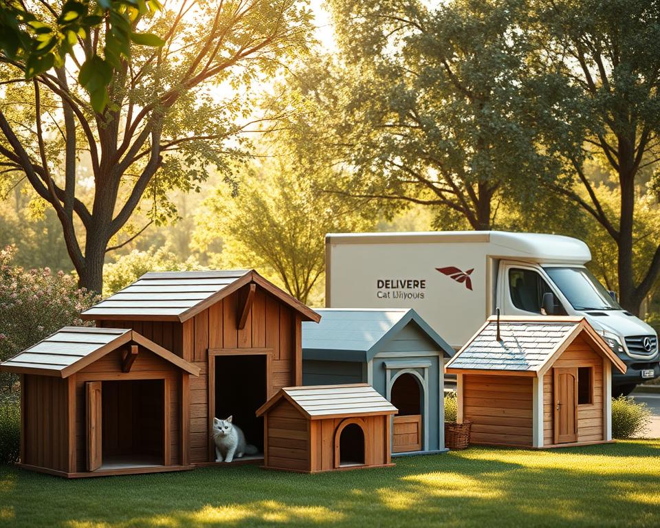A serene outdoor setting showcasing a variety of stylish, secure cat houses designed for outdoor use. In the foreground, display a selection of cat houses with different designs, including a cozy wooden cabin, a modern insulated structure, and a charming cottage-style home, all clearly emphasizing safety and comfort for cats. In the middle ground, a delivery option is featured, with a delivery truck parked nearby, showcasing boxes labeled for secure shipping. The background reveals a sunlit garden with trees and flowers, creating a warm, welcoming atmosphere. Use soft, natural lighting to evoke a peaceful setting, shot with a slight downward angle to capture both the cat houses and the delivery truck in harmony. The overall mood is inviting and reassuring.