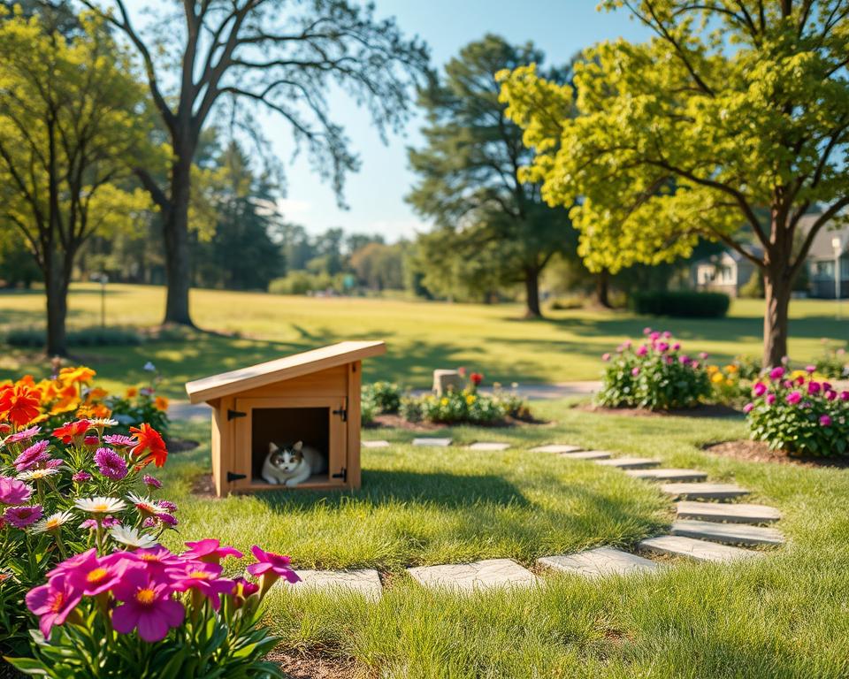 A serene outdoor setting showcasing a well-designed cat shelter in a garden. In the foreground, a cozy outdoor cat house made of natural wood, with a sloped roof and small entrance, nestled among vibrant flowering plants and soft green grass. In the middle, a carefully placed garden layout features decorative stones guiding paths around the shelter, enhancing accessibility. The background displays a lush landscape with tall trees providing shade and a clear blue sky filled with sunlight, creating a warm and inviting atmosphere. The lighting is soft and natural, emanating a calm mood. The scene is captured from a slightly elevated angle, providing a comprehensive view of the setting, emphasizing practicality and comfort for outdoor cats. A serene outdoor setting showcasing a well-designed cat shelter in a garden. In the foreground, a cozy outdoor cat house made of natural wood, with a sloped roof and small entrance, nestled among vibrant flowering plants and soft green grass. In the middle, a carefully placed garden layout features decorative stones guiding paths around the shelter, enhancing accessibility. The background displays a lush landscape with tall trees providing shade and a clear blue sky filled with sunlight, creating a warm and inviting atmosphere. The lighting is soft and natural, emanating a calm mood. The scene is captured from a slightly elevated angle, providing a comprehensive view of the setting, emphasizing practicality and comfort for outdoor cats.