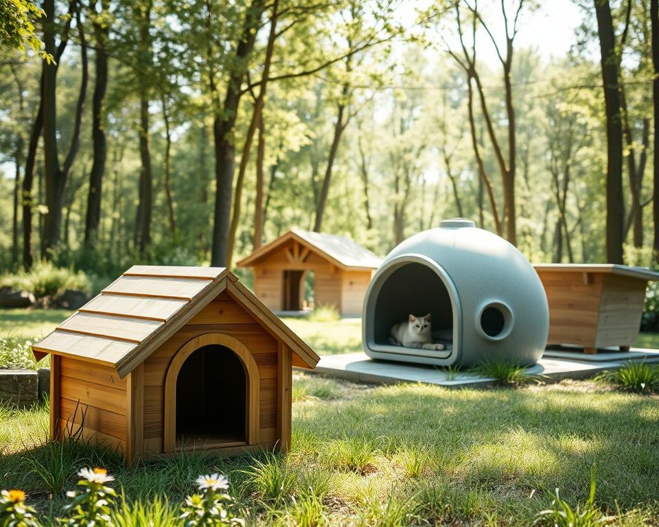 A serene outdoor setting showcasing various types of outdoor cat shelters. In the foreground, feature a cozy wooden cat house with a sloped roof, surrounded by soft grass and a few colorful flowers. To the right, display a modern, insulated cat igloo, sleek and stylish, resting on a small stone platform. In the middle ground, include a charming, open-air cat shelter made of natural materials, providing shade and protection. The background should depict a light forest environment, with gentle sunlight filtering through the trees, casting dappled shadows across the scene. Capture a bright, cheerful ambiance, emphasizing comfort and style for feline friends. Use a wide-angle lens to encompass the entire layout, showcasing the variety of shelters harmoniously blended into the serene landscape. A serene outdoor setting showcasing various types of outdoor cat shelters. In the foreground, feature a cozy wooden cat house with a sloped roof, surrounded by soft grass and a few colorful flowers. To the right, display a modern, insulated cat igloo, sleek and stylish, resting on a small stone platform. In the middle ground, include a charming, open-air cat shelter made of natural materials, providing shade and protection. The background should depict a light forest environment, with gentle sunlight filtering through the trees, casting dappled shadows across the scene. Capture a bright, cheerful ambiance, emphasizing comfort and style for feline friends. Use a wide-angle lens to encompass the entire layout, showcasing the variety of shelters harmoniously blended into the serene landscape.