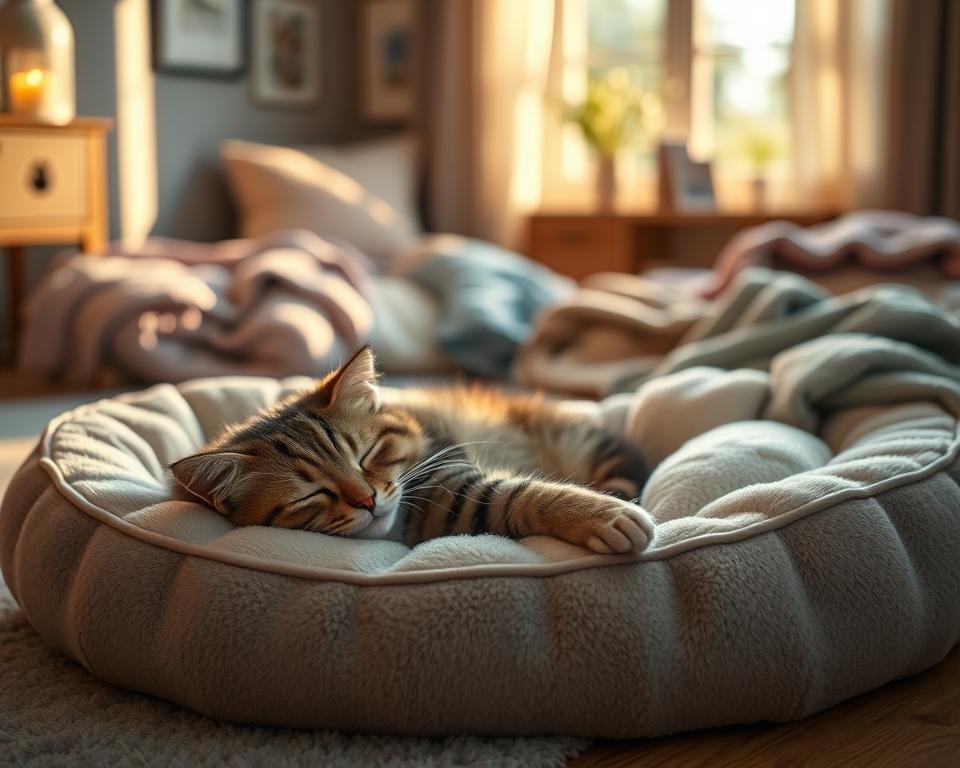 A serene scene featuring a content cat peacefully sleeping on a plush, luxurious bed designed specifically for pets. The foreground showcases the cat, a fluffy tabby with soft, closed eyes nestled on a soft, inviting pillow. In the middle, the bed is surrounded by cozy blankets and toys, enhancing the atmosphere of comfort and safety. The background includes a softly lit room with warm, natural light streaming in through a window, casting gentle shadows and highlighting the bed's textures. The overall mood is tranquil and comforting, evoking a sense of precious repose, ideal for illustrating the importance of a perfect bed for your feline friend.