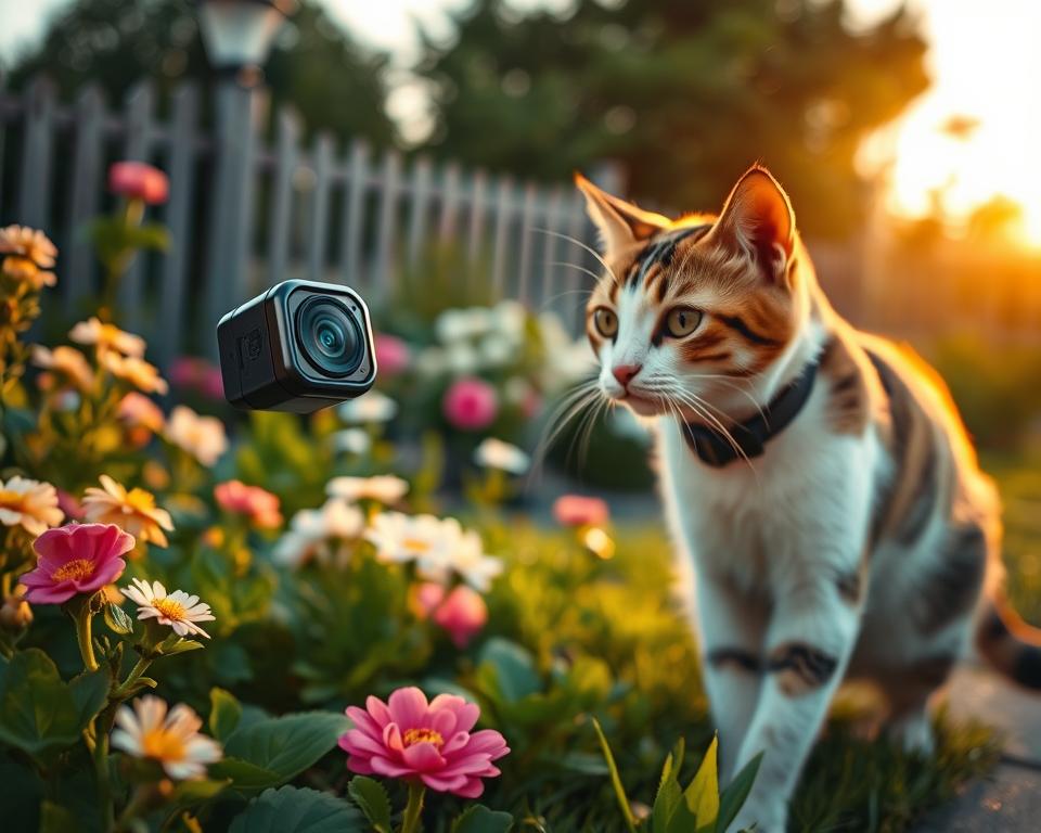 A sleek Mr Petcam collar camera is prominently showcased on a curious cat as it explores a lush garden. In the foreground, the collar features a small, high-tech camera housing, glinting in the soft sunlight. The cat, with vibrant fur patterns and inquisitive eyes, embodies a sense of adventure while wearing the collar. In the middle ground, blooming flowers and vibrant greenery provide a lively setting, emphasizing the cat's playful nature. The background features a softly blurred fence and distant trees, creating a serene atmosphere. The scene is illuminated by warm, golden hour lighting, casting gentle shadows and enhancing the overall cozy and connected feel of the environment. The composition captures the essence of pet exploration and modern technology seamlessly blending together.