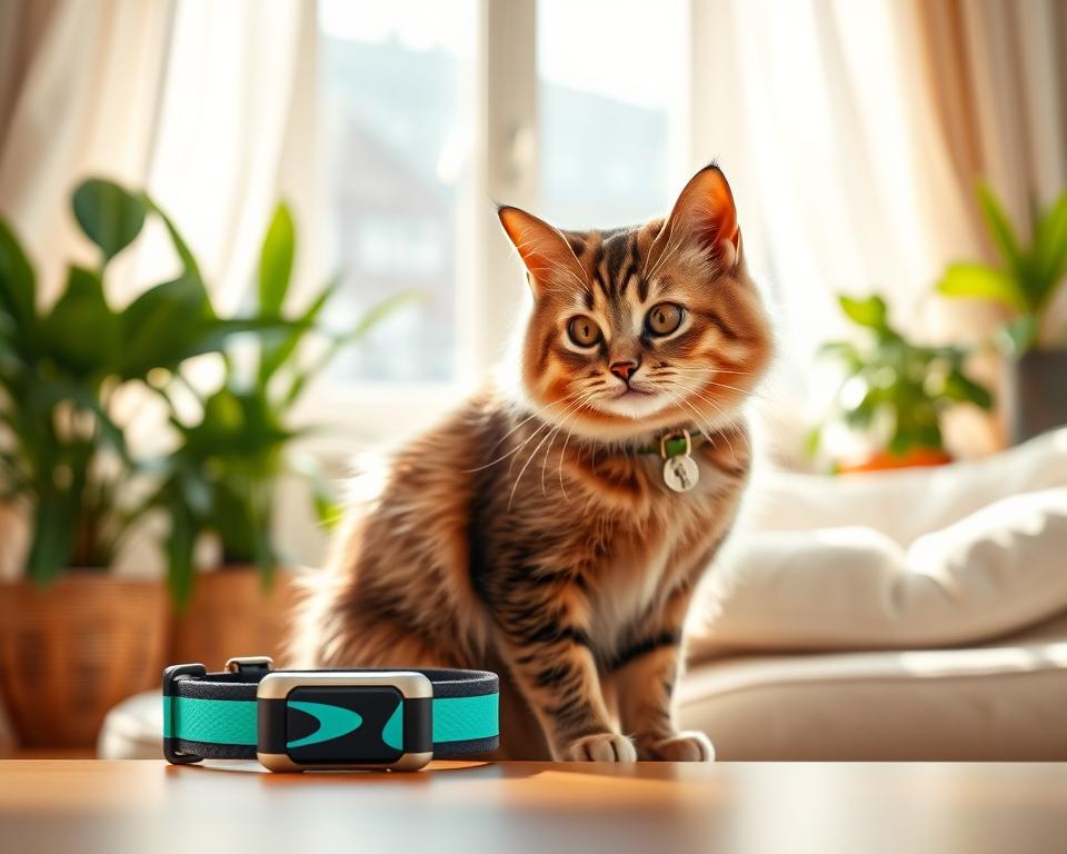 A sleek and modern flea tick control collar for cats, prominently displayed in the foreground. The collar features a vibrant design with a combination of blues and greens, showcasing its effectiveness and appeal. In the middle ground, a healthy, fluffy cat with a shiny coat curiously interacting with the collar, symbolizing its safety and comfort. The background consists of a sunlit, cozy living room setting with houseplants and a soft, inviting cat bed. The lighting is bright and warm, creating an optimistic ambiance, while a shallow depth of field draws focus to the collar and cat. The overall mood should be one of care and protection, highlighting the importance of investing in pet health.