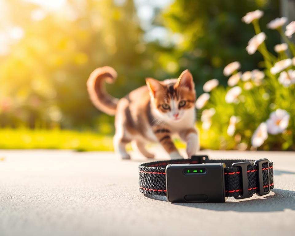 A sleek, modern cat tracker collar lies prominently in the foreground, showcasing its advanced safety features such as an emergency breakaway mechanism and reflective elements. The collar is adorned with vibrant colors, appealing to pet owners, and is displayed against a soft, neutral background to emphasize its design. In the middle ground, a playful cat explores a bright, sunlit garden, highlighting the collar's safety capabilities while it interacts with its surroundings, conveying a sense of freedom and security. The background includes lush greenery and soft flowers, creating a tranquil atmosphere. Soft, natural lighting enhances the colors, while a shallow depth of field focuses on the collar and cat, evoking a cheerful and safe mood.