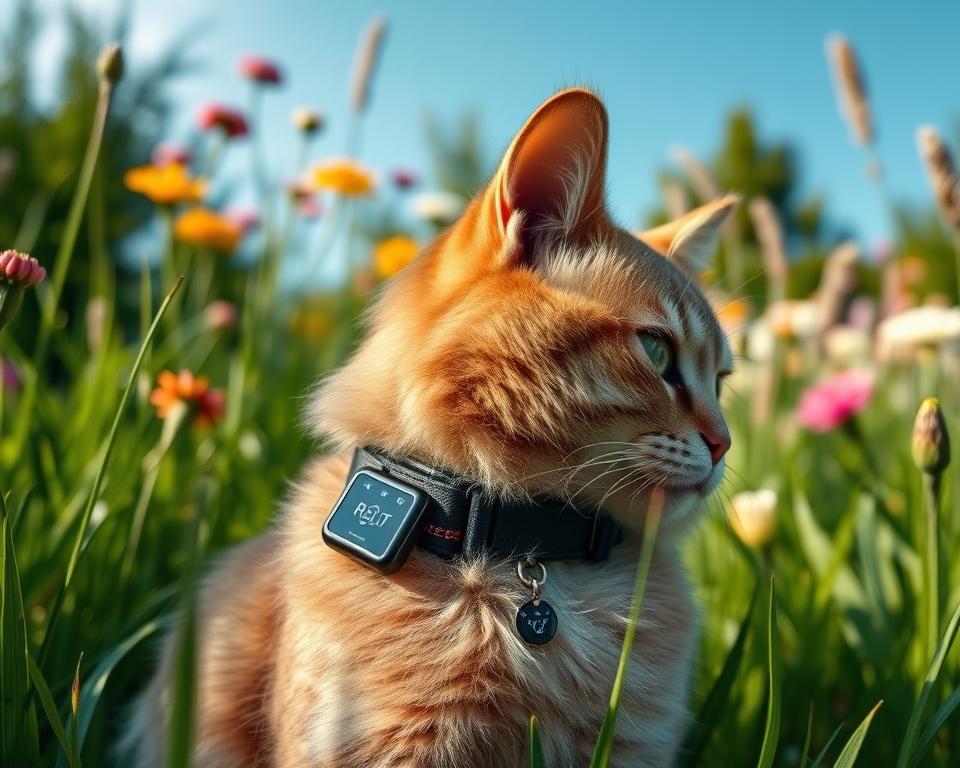A sleek, modern cat tracking collar called "petTracer" rests elegantly on a fluffy domestic cat’s neck. In the foreground, focus on the collar's advanced tech features, including a gleaming GPS module and LED indicators, showcasing its sophisticated design. The middle ground reveals the curious cat exploring a lush, green garden filled with vibrant flowers and tall grasses, embodying a sense of safety and adventure. In the background, a clear blue sky and soft, diffused sunlight create an inviting atmosphere, accentuating the collar's high-tech appeal. The composition is shot at a slight upward angle, enhancing the sense of wonder as the cat engages with its environment. The overall mood is playful yet secure, underscoring the innovations of feline tracking technology.