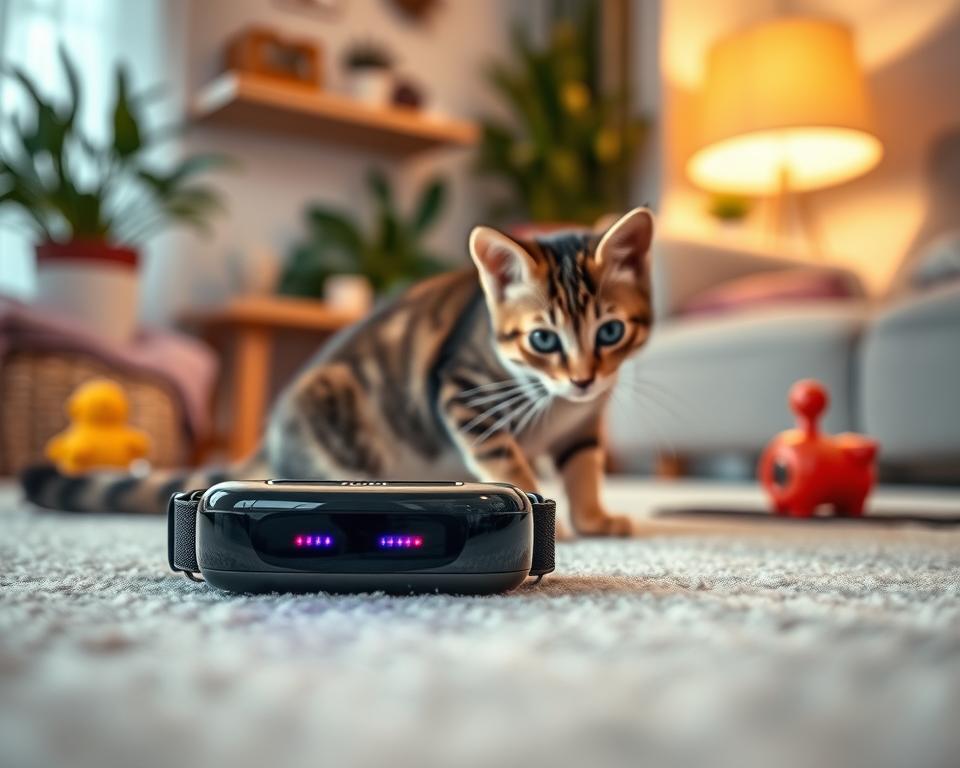 A sleek, modern petTracer dual technology device lies prominently in the foreground, showcasing a high-tech cat collar tracker. The device features a shiny black casing with vibrant LED indicators and a compact, ergonomic design suitable for an active feline. In the middle ground, a curious cat wearing the collar is playfully investigating its surroundings, with its fur texture delicately illuminated by soft, warm lighting. The background shows a serene home environment, perhaps a cozy living room adorned with cat toys and plants, evoking a safe and welcoming atmosphere. The image captures a friendly and engaging mood, with a shallow depth of field highlighting the collar tracker and the cat, while ensuring other elements remain slightly blurred, emphasizing the central theme of innovative technology in pet care.