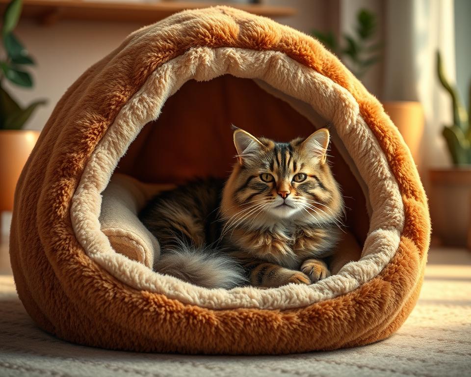 A snug and inviting cosy cave cat bed, made of soft, plush fabric in warm earth tones. The bed is semi-enclosed, resembling a natural cave, perfect for cats to curl up inside. In the foreground, a fluffy tabby cat is cozily nestled within the bed, eyes half-closed, exuding comfort and contentment. The middle layer features rich textures of the bed, with a soft blanket peeking out and gentle shadows highlighting the contours. In the background, a softly lit room creates a warm ambiance, adorned with potted plants and soothing pastel colors. The lighting is soft and diffused, creating a tranquil atmosphere, with a slight focus on the cat bed, showcasing it as the perfect hideaway for pets.