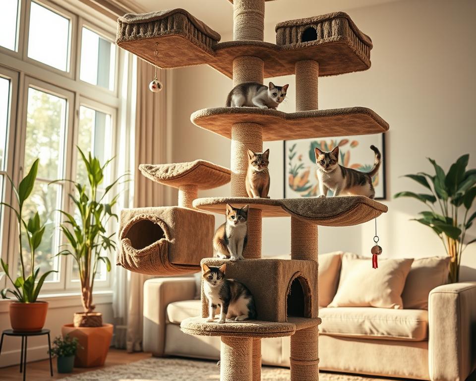 A spacious, multi-level cat tree stands prominently in the foreground, showcasing various platforms covered in cozy fabric and natural sisal for scratching. The tree features several cozy hideaways and dangling toys, creating an inviting playground for cats. In the middle ground, a couple of playful cats are seen exploring the tree, climbing up, and peeking out from the platforms, exuding curiosity and joy. The background includes a well-lit living room with soft, warm lighting filtering through a window, adorned with potted plants and a comfortable couch, enhancing the cozy atmosphere. The angle captures the full height of the cat tree, emphasizing its structure and the playful energy of the cats. A serene and cheerful mood envelops the scene, inviting viewers to appreciate the importance of activity centers for feline friends.