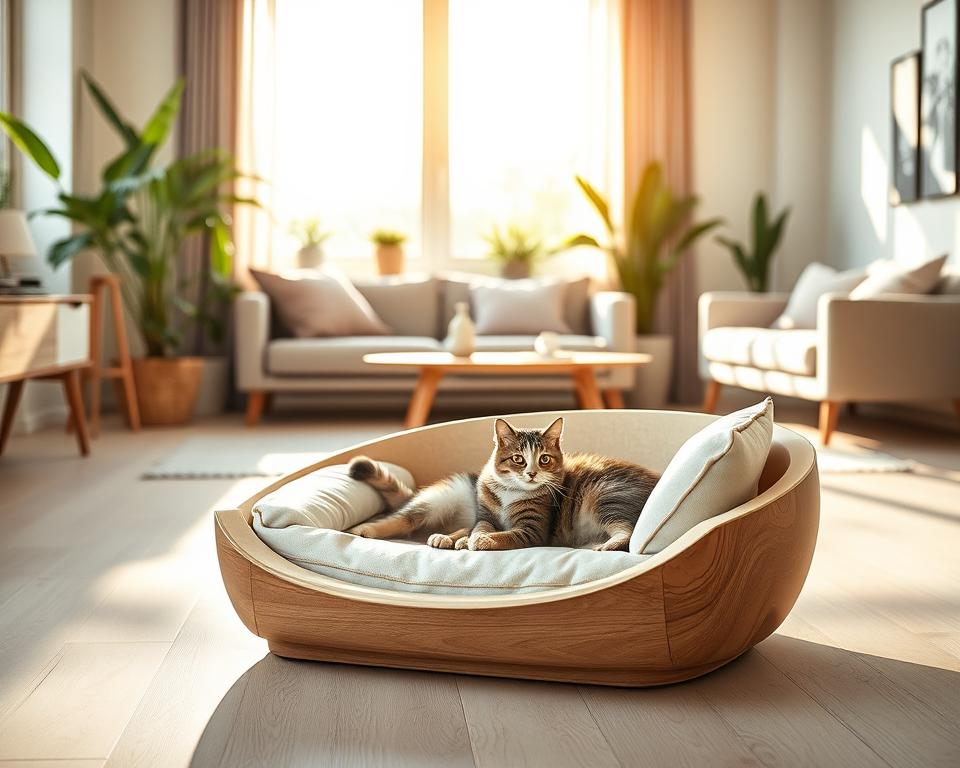 A stylish Danish design cat bed, elegantly crafted with natural wood accents and soft, plush cushions in muted pastel colors, sits in the foreground. The bed features ergonomic curves and an open design that encourages a sense of safety and comfort for cats. In the middle ground, warm sunlight filters through a large, minimalist window, casting soft shadows and creating a serene atmosphere. On a light wooden floor, a playful cat lazily stretches as it enjoys the cozy bed. The background features a Scandinavian-inspired living room with simple, functional furniture, green indoor plants, and light, airy decor. The overall mood is calm and inviting, perfect for showcasing modern pet furniture in a stylish home. Soft, diffused lighting enhances the cozy feel, captured with a slightly elevated angle to emphasize the design details. A stylish Danish design cat bed, elegantly crafted with natural wood accents and soft, plush cushions in muted pastel colors, sits in the foreground. The bed features ergonomic curves and an open design that encourages a sense of safety and comfort for cats. In the middle ground, warm sunlight filters through a large, minimalist window, casting soft shadows and creating a serene atmosphere. On a light wooden floor, a playful cat lazily stretches as it enjoys the cozy bed. The background features a Scandinavian-inspired living room with simple, functional furniture, green indoor plants, and light, airy decor. The overall mood is calm and inviting, perfect for showcasing modern pet furniture in a stylish home. Soft, diffused lighting enhances the cozy feel, captured with a slightly elevated angle to emphasize the design details.
