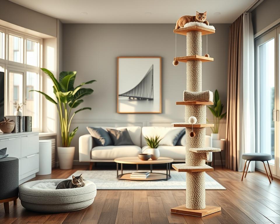 A stylish and modern interior setting showcasing premium tall cat scratching posts designed for UK homes. In the foreground, a luxurious scratching post made of natural materials like sisal and wood, featuring multiple levels, dangling toys, and cozy resting spots for cats. The middle ground includes a cozy corner with a plush cat bed and decorative house plants, adding warmth to the scene. In the background, a stylish living room with elegant furniture and tasteful decor that highlights the sleekness of the scratching post. Soft, natural lighting filters through a window, creating a warm and inviting atmosphere. The mood is serene and sophisticated, perfect for a cat-loving family home. A stylish and modern interior setting showcasing premium tall cat scratching posts designed for UK homes. In the foreground, a luxurious scratching post made of natural materials like sisal and wood, featuring multiple levels, dangling toys, and cozy resting spots for cats. The middle ground includes a cozy corner with a plush cat bed and decorative house plants, adding warmth to the scene. In the background, a stylish living room with elegant furniture and tasteful decor that highlights the sleekness of the scratching post. Soft, natural lighting filters through a window, creating a warm and inviting atmosphere. The mood is serene and sophisticated, perfect for a cat-loving family home.