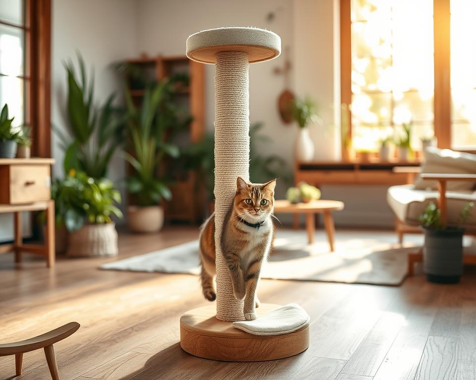 A stylish, eco-friendly cat scratching post designed with natural materials, prominently featured in the foreground. The scratching post is tall and elegantly curved, made from sustainably sourced wood with sisal rope wrapped around it. Soft, organic cotton fabric accents the base, showcasing a modern aesthetic that invites a curious cat. In the middle ground, a cozy, sunlit room filled with plants and wooden furniture creates a warm, inviting atmosphere. The background consists of a large window allowing golden sunlight to filter through, casting gentle shadows. The overall mood is peaceful and harmonious, perfectly illustrating a sustainable lifestyle. The image is captured with a soft-focus lens, emphasizing the textures and colors of the scratching post while conveying a serene and eco-conscious vibe.