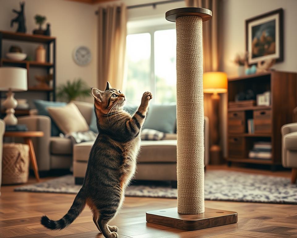 A tall cat scratching post prominently displayed in a cozy living room setting, showcasing its optimal height for feline comfort. The foreground features a playful tabby cat stretching its claws on the post, demonstrating its functionality. In the middle ground, the well-crafted scratching post stands at approximately 150 cm, made of natural sisal and wood with multiple textures. The background reveals a beautifully furnished room with warm lighting, accentuating the post's height, and tasteful decor that highlights the importance of cat furniture in home aesthetics. Use soft, natural light for a welcoming atmosphere, and capture the scene with a slightly elevated angle to emphasize both the scratching post and the cat. A tall cat scratching post prominently displayed in a cozy living room setting, showcasing its optimal height for feline comfort. The foreground features a playful tabby cat stretching its claws on the post, demonstrating its functionality. In the middle ground, the well-crafted scratching post stands at approximately 150 cm, made of natural sisal and wood with multiple textures. The background reveals a beautifully furnished room with warm lighting, accentuating the post's height, and tasteful decor that highlights the importance of cat furniture in home aesthetics. Use soft, natural light for a welcoming atmosphere, and capture the scene with a slightly elevated angle to emphasize both the scratching post and the cat.