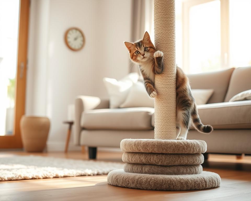 A tall, sturdy vertical cat scratching post stands prominently in the foreground, featuring natural sisal rope wrapping and a plush, multi-tiered base perfect for playful cats to climb on. The color palette includes soft earth tones, like beige and taupe, to harmonize with a cozy living room setting. In the middle ground, a plush rug is partially visible, and a cute, curious cat is depicted enthusiastically scratching the post, showcasing its claws. In the background, a bright, airy room is filled with warm natural light coming from a nearby window, casting soft shadows that enhance the textures of the post and the cat's fur. The overall mood is inviting and cheerful, illustrating a perfect space for feline play and relaxation.