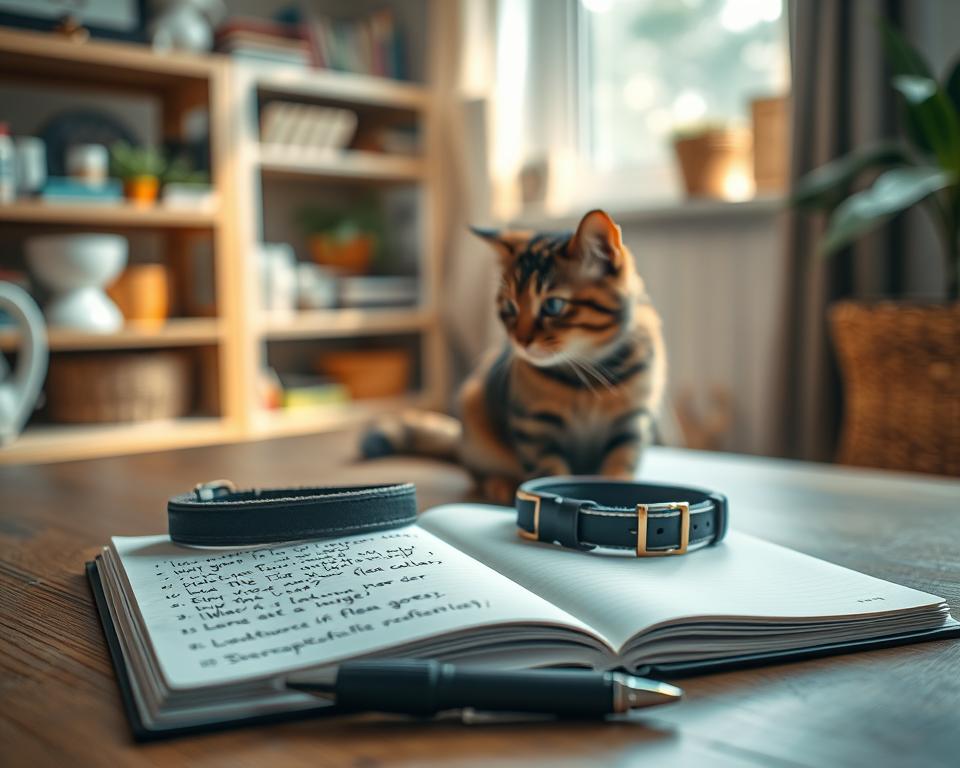 A tranquil indoor setting with a cozy atmosphere, featuring a sleek, modern cat collar prominently displayed on a wooden surface. In the foreground, the collar is beautifully arranged next to an open notebook filled with handwritten questions about flea collars, with a pen resting nearby. The middle ground includes a curious tabby cat, looking playfully at the collar, its fur glowing softly in the warm lighting. In the background, an unfocused shelf filled with pet care products subtly reinforces the theme of pet wellness. The image is well-lit with gentle, natural light coming from a nearby window, creating a comforting ambiance that invites viewers to explore and learn. The composition is shot from a slightly elevated angle, emphasizing the collar and the notebook while providing a glimpse into the life of a pet owner.