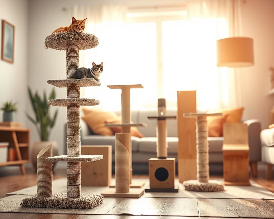 A vibrant and engaging scene showcasing different types of cat scratching posts, organized into three distinct sections. In the foreground, feature a tall, multi-level scratching post made of sisal rope and carpet with a cozy cat lounging on a platform. In the middle ground, display various styles, including a vertical scratcher with natural wood, a horizontal board with corrugated cardboard, and a unique wall-mounted option. In the background, create a soft, blurred environment of a cozy living room with warm lighting that invites a homey atmosphere. Use natural sunlight filtering through a window to enhance the warmth of the colors, and employ a shallow depth of field to focus on the scratching posts while softly blurring the background. Aim for a cheerful and inviting mood that reflects the joy of cat ownership. A vibrant and engaging scene showcasing different types of cat scratching posts, organized into three distinct sections. In the foreground, feature a tall, multi-level scratching post made of sisal rope and carpet with a cozy cat lounging on a platform. In the middle ground, display various styles, including a vertical scratcher with natural wood, a horizontal board with corrugated cardboard, and a unique wall-mounted option. In the background, create a soft, blurred environment of a cozy living room with warm lighting that invites a homey atmosphere. Use natural sunlight filtering through a window to enhance the warmth of the colors, and employ a shallow depth of field to focus on the scratching posts while softly blurring the background. Aim for a cheerful and inviting mood that reflects the joy of cat ownership.