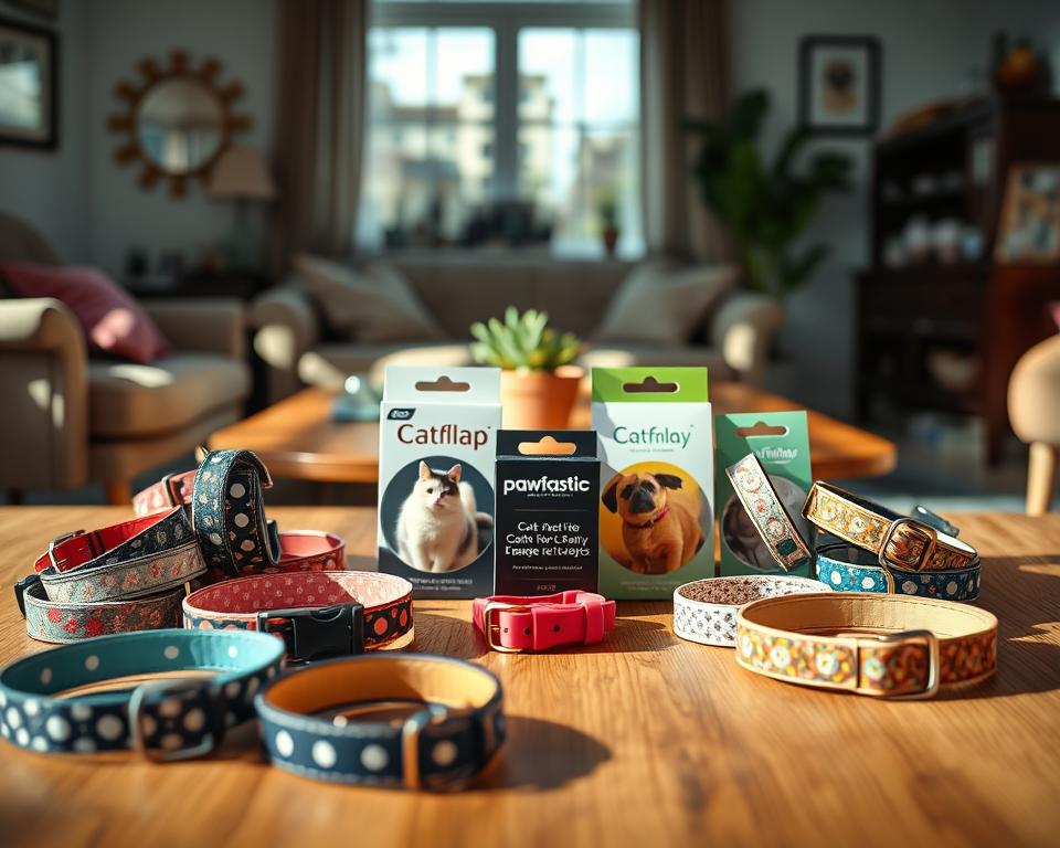 A vibrant and informative comparison image featuring a selection of popular UK cat collars arranged artistically. In the foreground, display a variety of stylish collars in different patterns and colors, including polka dots, floral designs, and reflective materials. In the middle, include an elegant wooden table showcasing packaging from well-known brands, such as "Catflap," "Pawtastic," and "Feline Fancy." The background should have a cozy living room setting with soft natural light streaming through a window, casting gentle shadows. Use a shallow depth of field to keep the focus on the collars while subtly blurring the background. The overall mood should be warm and inviting, reflecting a sense of care and style for pet owners.