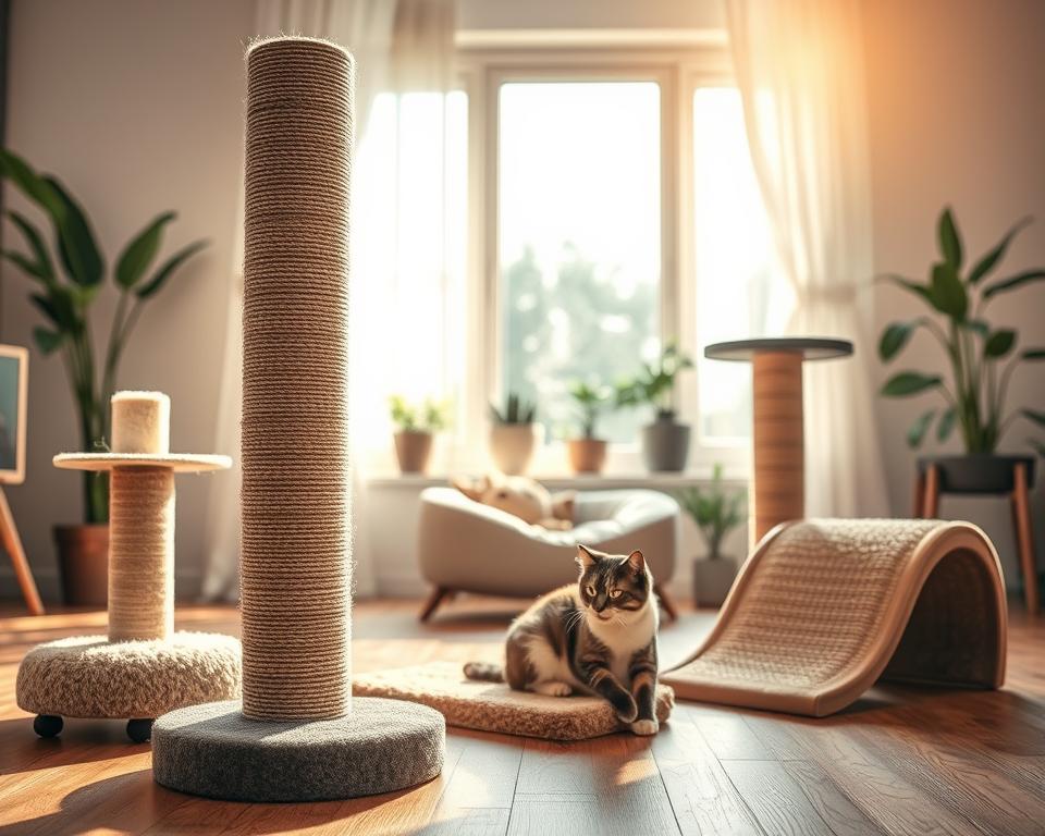 A vibrant indoor setting showcasing various types of cat scratching posts arranged appealingly. In the foreground, a tall, sturdy sisal-wrapped post stands alongside a plush horizontal scratch pad and a curved scratching ramp, all featuring different textures and colors. In the middle ground, a cozy cat bed lays nearby, inviting a playful cat to explore. The background features soft natural light streaming through a window, casting gentle shadows that create a warm, inviting atmosphere. A few house plants in decorative pots add a touch of greenery, enhancing the homey feel. The composition is well-balanced, focusing purely on the scratching posts and the environment, with no text or distractions to emphasize the importance of these essential cat furniture pieces.
