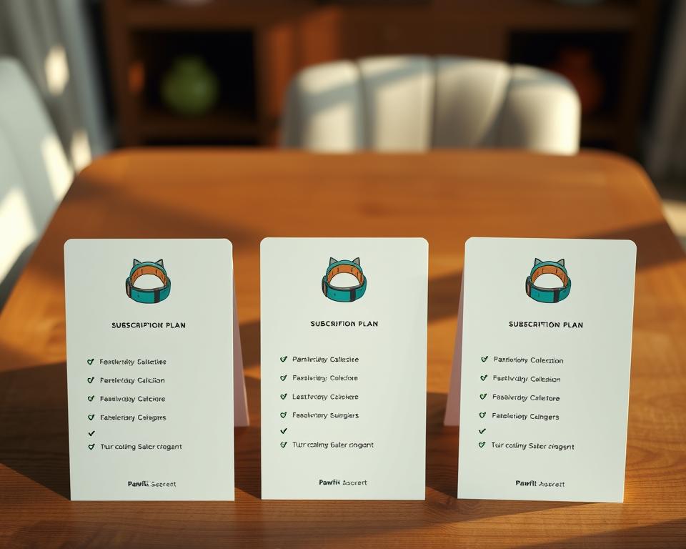 A visually appealing and informative image comparing Pawfit subscription plans, set against a soft-focus, warm-toned background that evokes a sense of security and comfort for pet owners. In the foreground, display three distinct subscription plan cards, each featuring an illustrated icon of a cat collar tracker. Use a color palette of calming blues and greens, with clear yet minimalistic design elements. The middle layer should include subtle details like a wooden table with soft, natural light casting gentle shadows, giving a homey feel. Edit the angle to be slightly above the cards, offering a bird's-eye view to enhance visibility. The overall mood should be inviting and informative, perfect for pet owners seeking solutions.