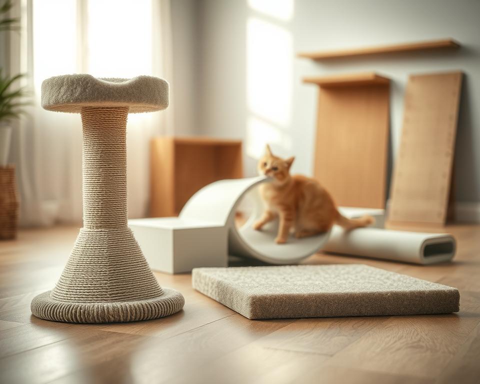 A visually appealing assortment of various cat scratching solutions displayed on a clean, modern wooden floor. In the foreground, focus on a large, textured scratching post with sisal wrap and a plush top, alongside a sleek, minimalist scratching pad. In the middle, showcase additional scratching options like a curved cardboard scratcher and a wall-mounted scratching ledge, arranged artistically. The background features soft, natural sunlight filtering through a window, creating a warm and inviting atmosphere. Use a shallow depth of field to keep the cat scratching solutions sharp and the background softly blurred. Aim for a cozy, playful mood that appeals to cat owners looking for practical and stylish options for their pets. A visually appealing assortment of various cat scratching solutions displayed on a clean, modern wooden floor. In the foreground, focus on a large, textured scratching post with sisal wrap and a plush top, alongside a sleek, minimalist scratching pad. In the middle, showcase additional scratching options like a curved cardboard scratcher and a wall-mounted scratching ledge, arranged artistically. The background features soft, natural sunlight filtering through a window, creating a warm and inviting atmosphere. Use a shallow depth of field to keep the cat scratching solutions sharp and the background softly blurred. Aim for a cozy, playful mood that appeals to cat owners looking for practical and stylish options for their pets.