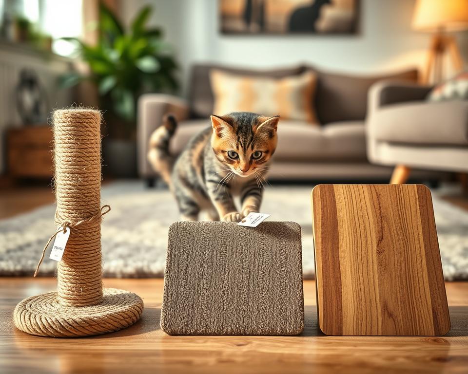 A visually appealing comparison layout showcasing various cat scratching materials. In the foreground, feature three distinct samples: a sisal rope scratching post, a cardboard scratching pad, and a wooden scratching board, each labeled with small, elegant tags. In the middle ground, a curious cat interacts playfully with each material, highlighting texture and design. The background is softly blurred, depicting a cozy living room scene with warm lighting, a plush rug, and a houseplant to enhance the inviting atmosphere. Use natural daylight to illuminate the materials, casting gentle shadows to add depth. The overall mood should be informative yet lively, encouraging viewers to explore the differences in scratching materials for their feline companions. A visually appealing comparison layout showcasing various cat scratching materials. In the foreground, feature three distinct samples: a sisal rope scratching post, a cardboard scratching pad, and a wooden scratching board, each labeled with small, elegant tags. In the middle ground, a curious cat interacts playfully with each material, highlighting texture and design. The background is softly blurred, depicting a cozy living room scene with warm lighting, a plush rug, and a houseplant to enhance the inviting atmosphere. Use natural daylight to illuminate the materials, casting gentle shadows to add depth. The overall mood should be informative yet lively, encouraging viewers to explore the differences in scratching materials for their feline companions.