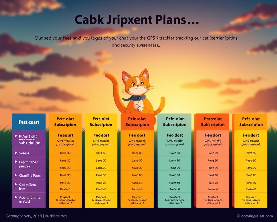 A visually engaging comparison chart showcasing pet subscription fees, designed to illustrate the costs associated with cat tracker collars. In the foreground, feature several colorful, illustrated subscription plans displayed as neatly arranged boxes. Each box highlights key features like GPS tracking, monthly fees, and additional services. In the middle layer, create a vibrant cat roaming with a collar, symbolizing safety and freedom. In the background, include a gradient sky transitioning from day to night, suggesting security awareness, illuminated by soft, warm lighting. Use a top-down perspective to give a clear view of the subscription boxes. The overall mood should evoke a feeling of safety and informed decision-making, inviting readers to consider the best options for their pets.