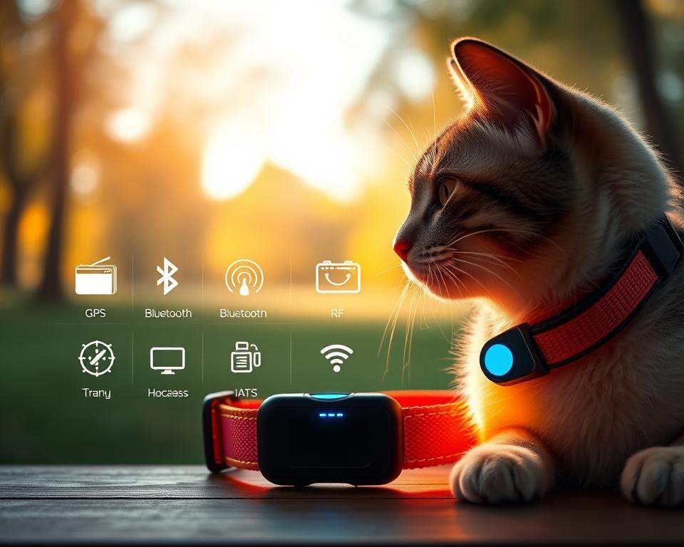 A visually engaging comparison of various pet tracking technologies presented in a sleek, modern layout. In the foreground, showcase a vibrant cat collar with a high-tech tracking device, illuminated by a soft, warm light that highlights its details. In the middle ground, display a variety of tracking technologies such as GPS, Bluetooth, and RF devices, each represented by distinct and visually appealing icons or devices. In the background, create a soft-focus image of a serene outdoor park setting, suggesting open space where a cat can roam freely. The overall atmosphere should convey safety and innovation, utilizing natural light to produce a calm yet informative mood. The composition should be balanced and harmonious.