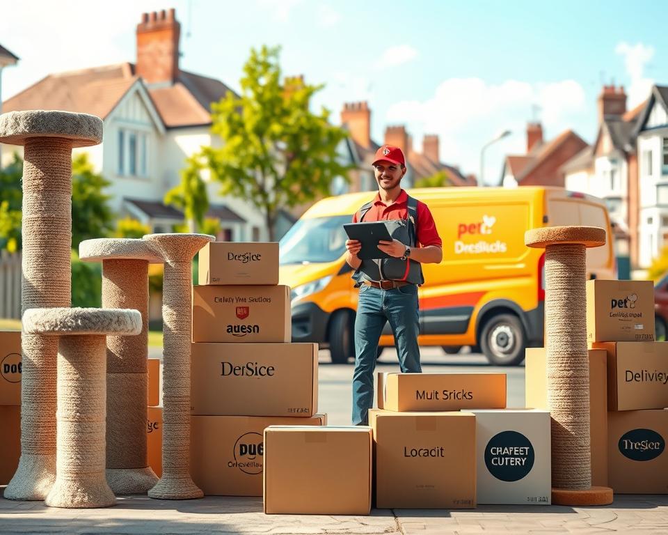 A visually engaging illustration of UK delivery options for cat scratching products. In the foreground, a variety of large, sturdy cat scratching posts are displayed alongside delivery boxes emblazoned with logos of popular pet retailers. In the middle ground, a friendly delivery driver, dressed in professional attire, is seen holding a tracking tablet while standing next to a delivery van parked on a residential street, showcasing the convenience of home delivery. In the background, quaint British homes are visible, with lush greenery and clear skies, creating a welcoming neighborhood atmosphere. The scene is brightly lit to evoke a sense of positivity and reliability, with soft focus on the surroundings to draw attention to the delivery options being highlighted. The overall mood is upbeat and informative, emphasizing excellent customer service and accessibility. A visually engaging illustration of UK delivery options for cat scratching products. In the foreground, a variety of large, sturdy cat scratching posts are displayed alongside delivery boxes emblazoned with logos of popular pet retailers. In the middle ground, a friendly delivery driver, dressed in professional attire, is seen holding a tracking tablet while standing next to a delivery van parked on a residential street, showcasing the convenience of home delivery. In the background, quaint British homes are visible, with lush greenery and clear skies, creating a welcoming neighborhood atmosphere. The scene is brightly lit to evoke a sense of positivity and reliability, with soft focus on the surroundings to draw attention to the delivery options being highlighted. The overall mood is upbeat and informative, emphasizing excellent customer service and accessibility.