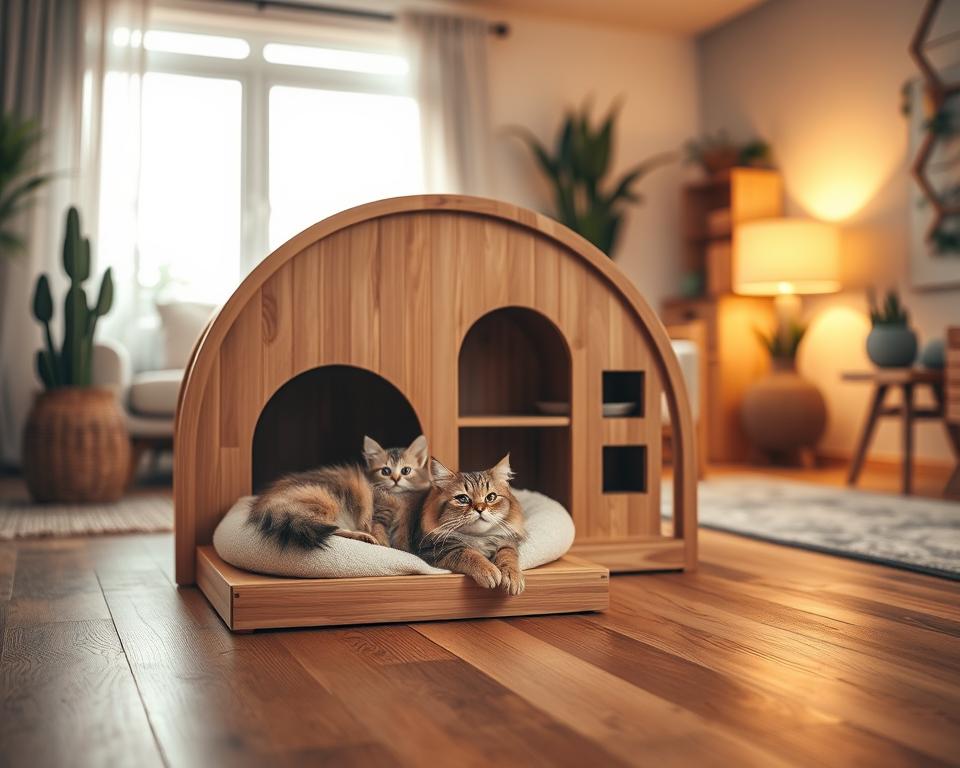 A warm and inviting scene depicting a cozy cat house design, placed centrally on a textured wooden floor. In the foreground, a fluffy cat lounges comfortably on a plush cushion inside the house, with its content expression conveying happiness and satisfaction. In the middle, a beautifully crafted cat house made of natural wood, with stylish details like a curved entrance, soft bedding, and little shelves for climbing. The background features a softly lit, homey living space with decorative plants and warm, ambient lighting filtering through a nearby window, creating a serene atmosphere. The overall mood should evoke feelings of comfort, care, and satisfaction, highlighting a commitment to quality and a safe haven for beloved pets.